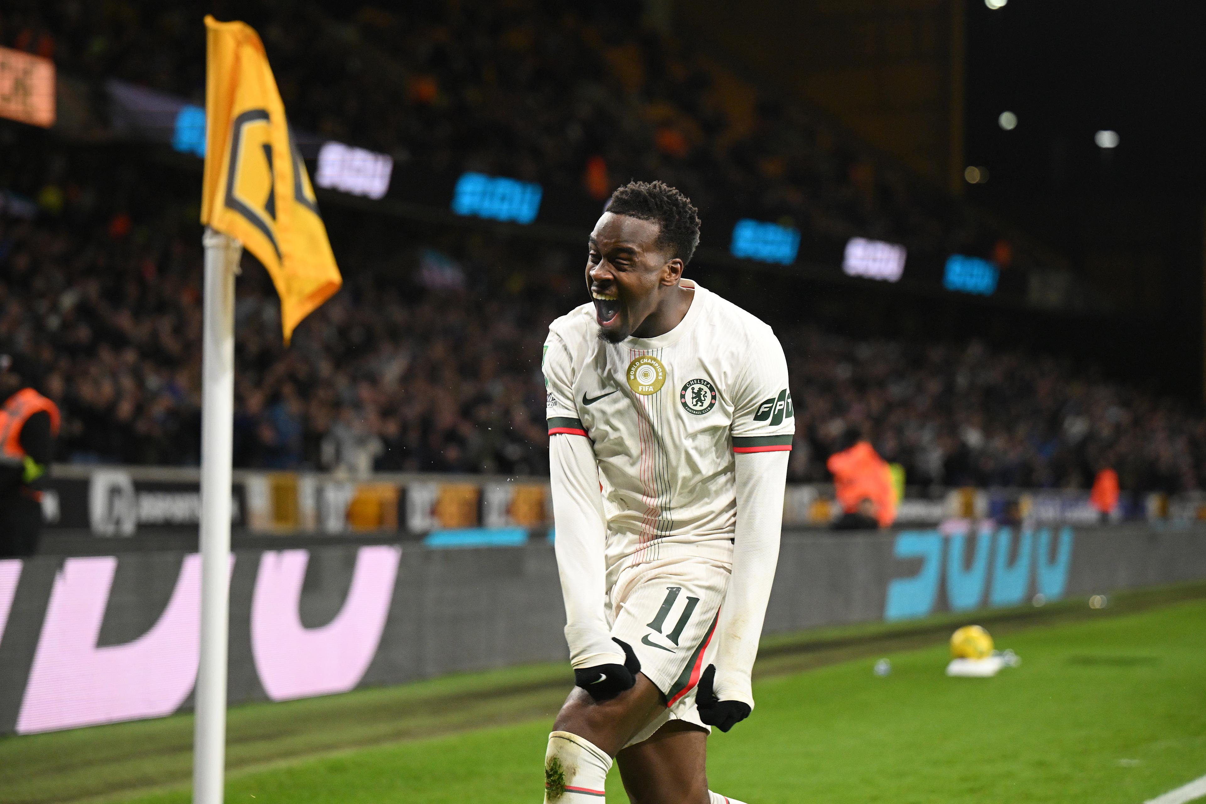 Jamie Gittens celebrates after starring for Chelsea against Wolverhampton Wanderers