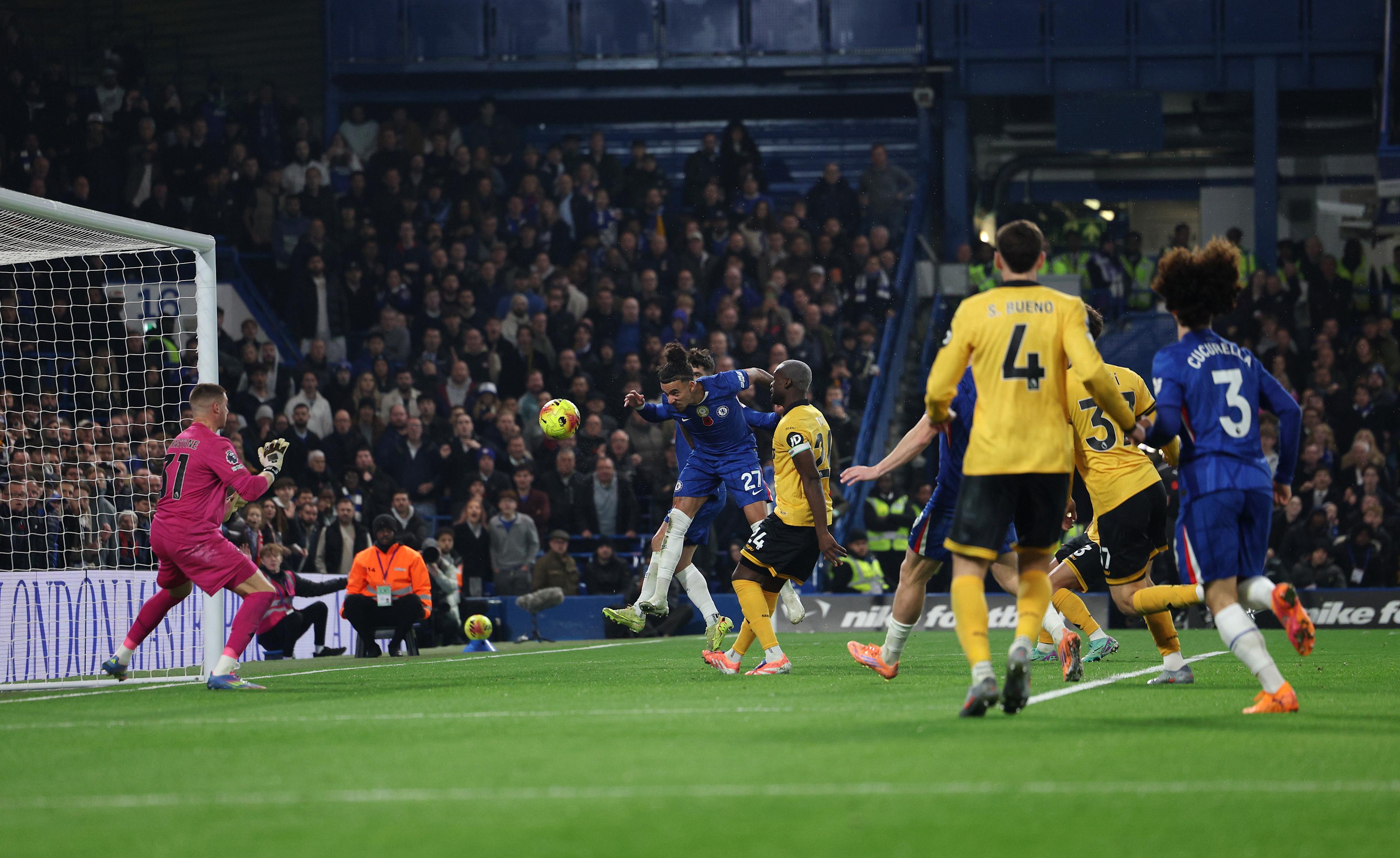 Malo Gusto scores his first senior goal for Chelsea against Wolves