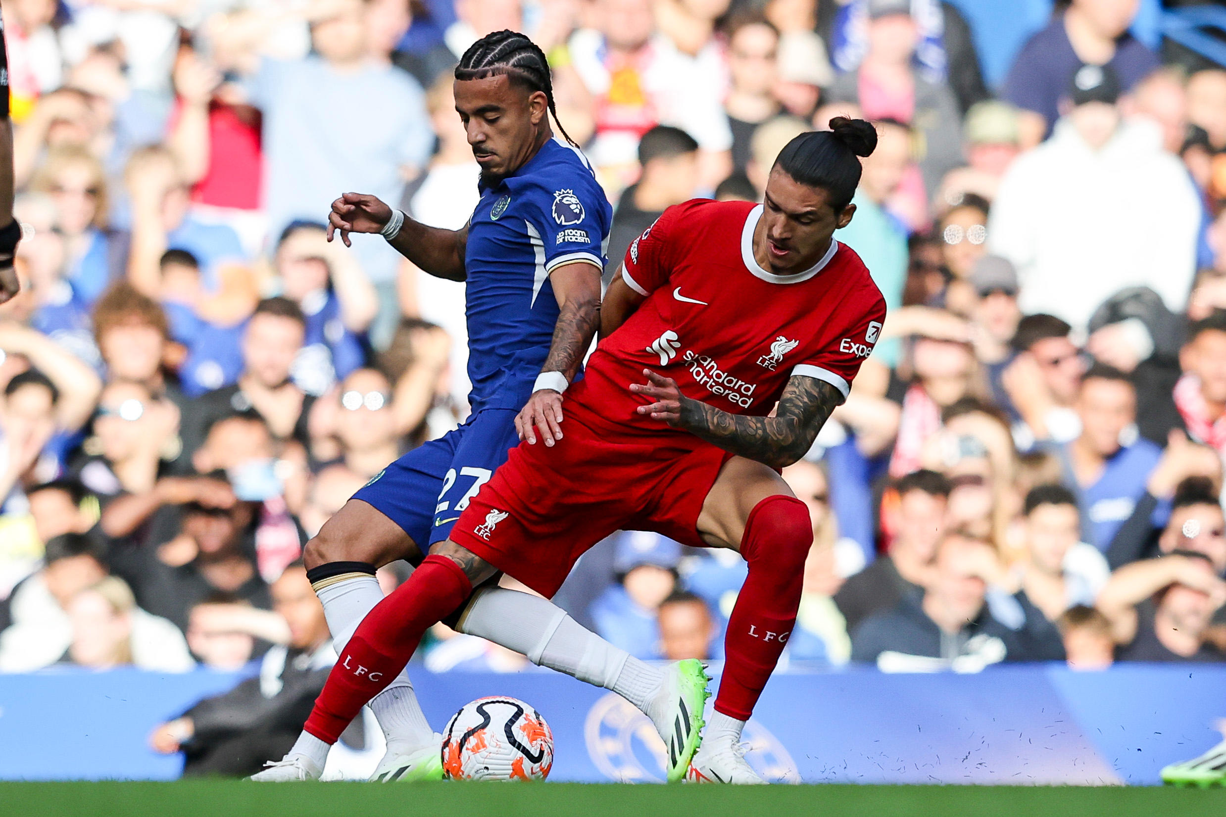 Malo Gusto makes his Chelsea debut against Liverpool in August 2023