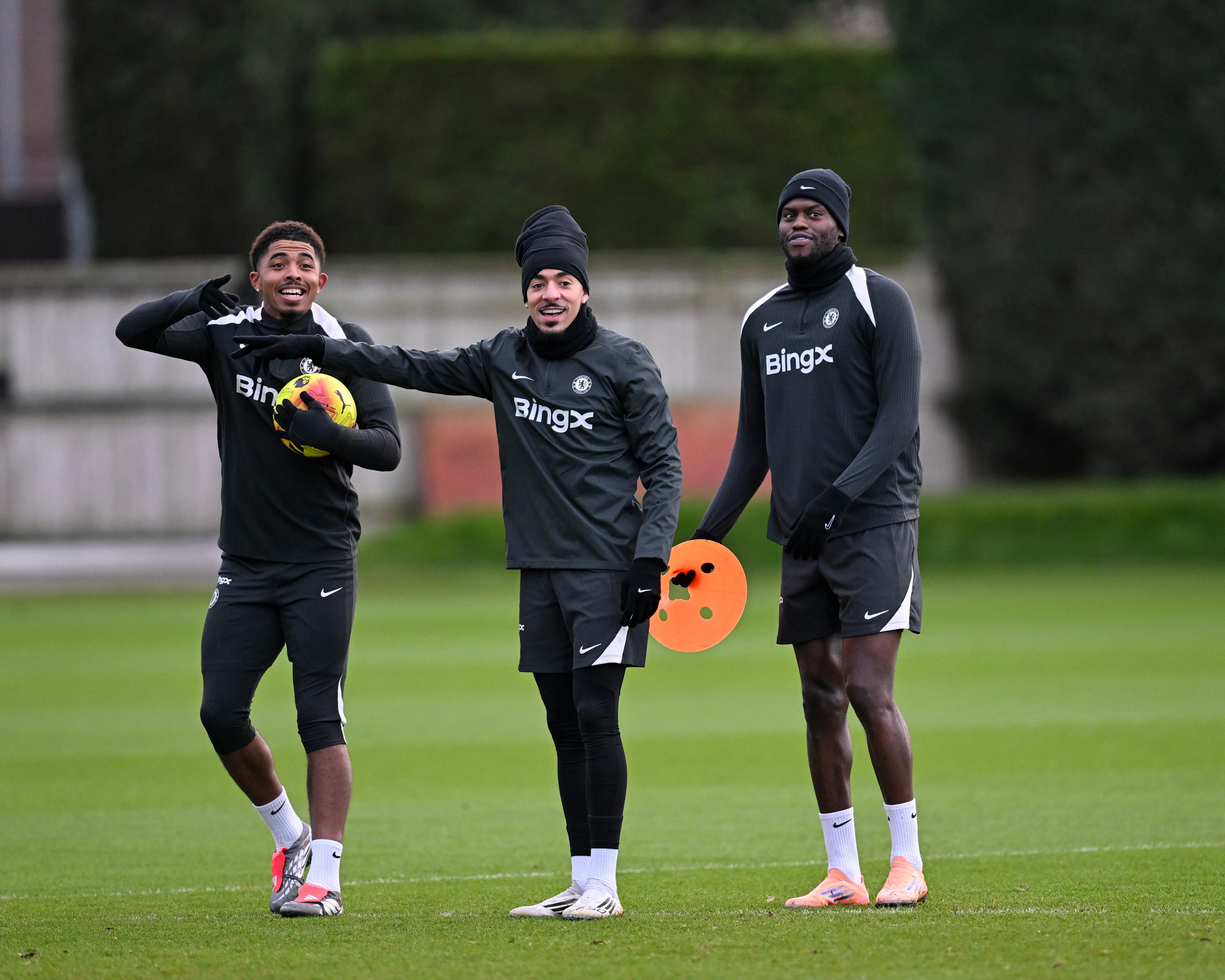 Malo Gusto trains at Cobham with Wesley Fofana and Benoît Badiashile