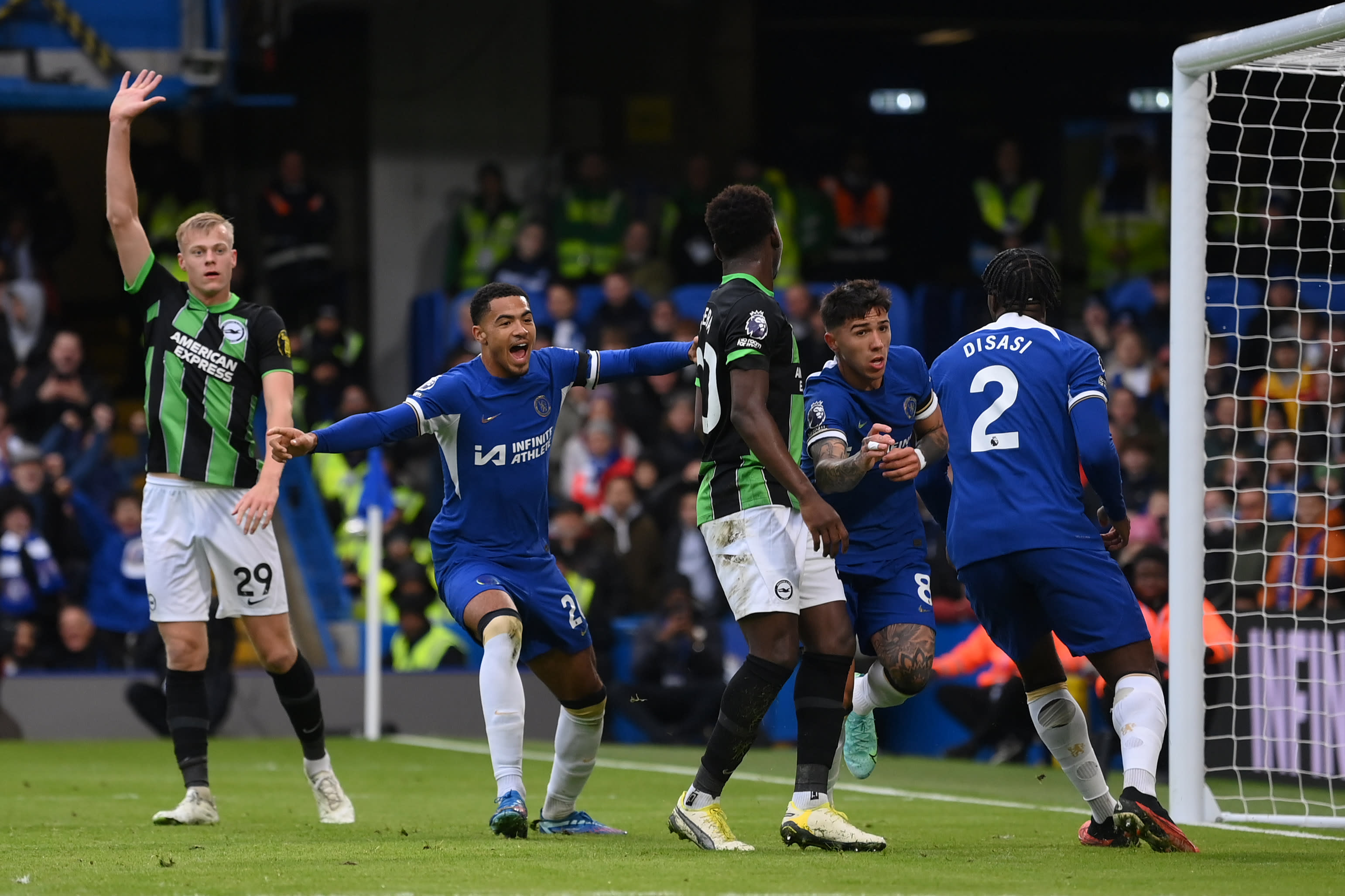 Levi Colwill celebrates his first Chelsea goal against Brighton