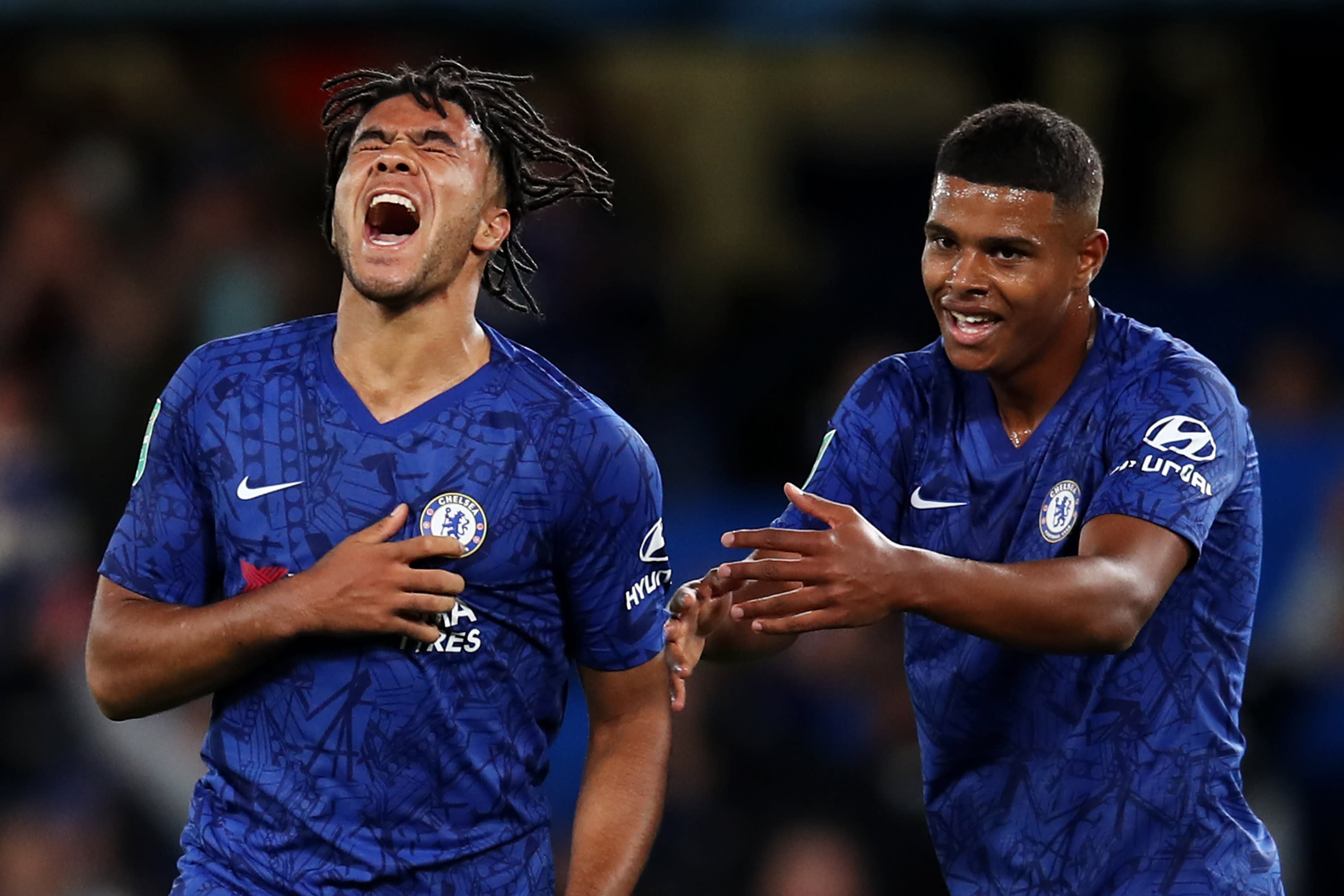 Reece James celebrates scoring on his senior Chelsea debut against Grimsby Town