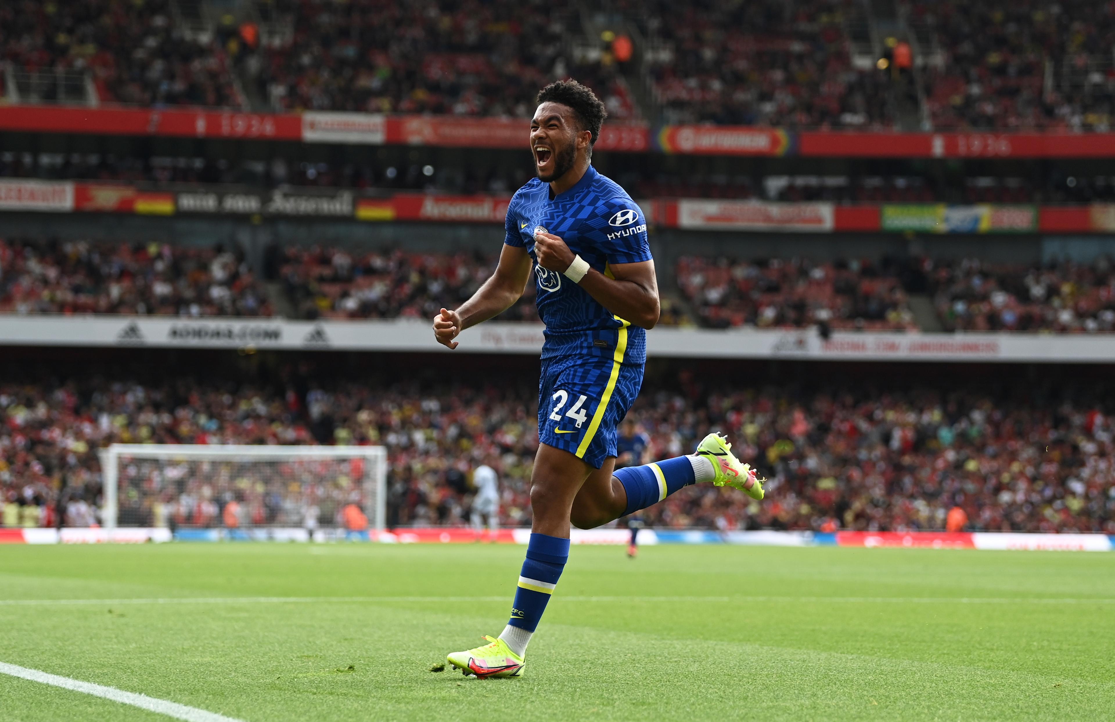 Reece James scores for Chelsea away to Arsenal in August 2021