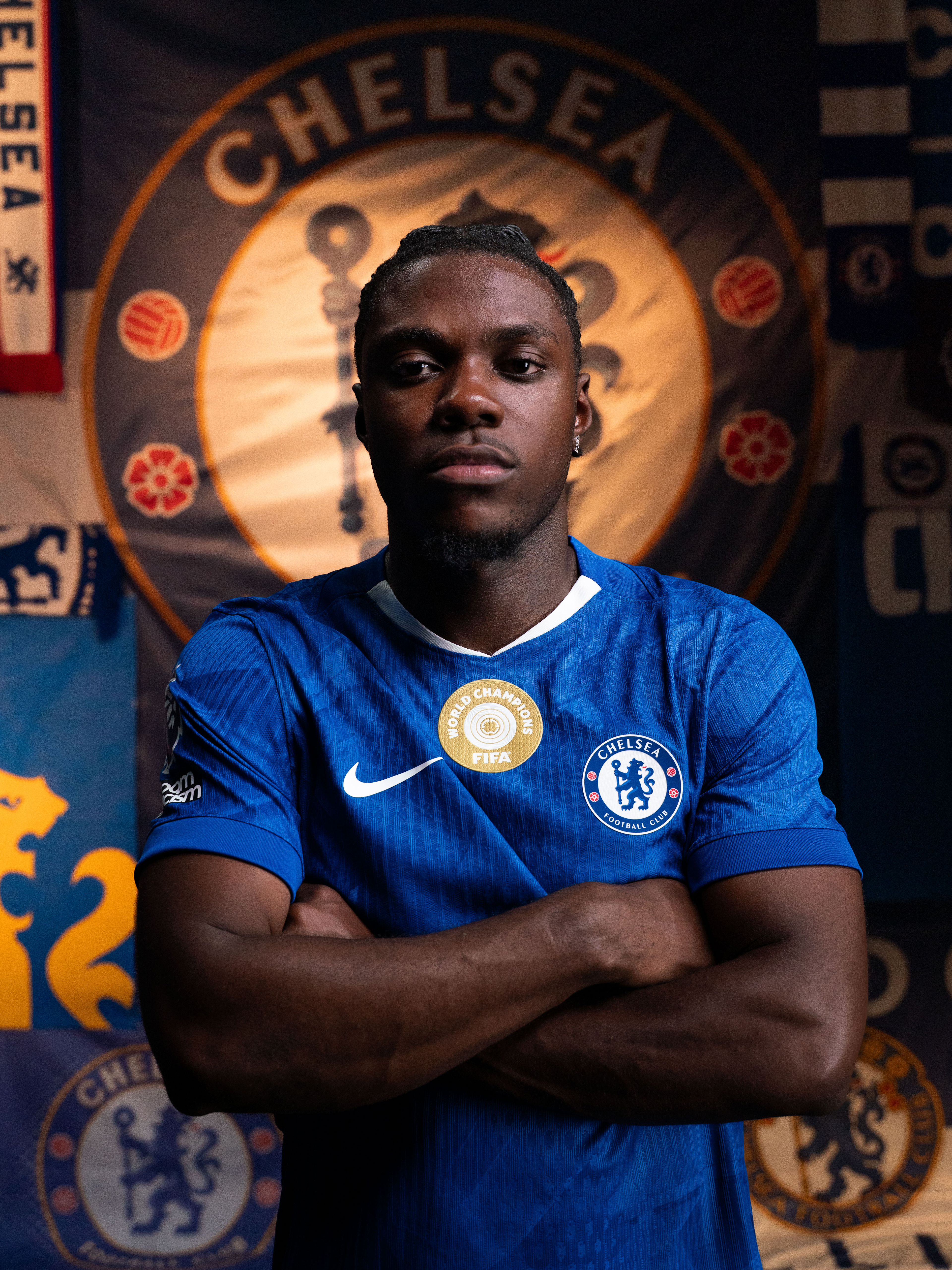 Roméo Lavia poses for a Chelsea interview portrait at Cobham