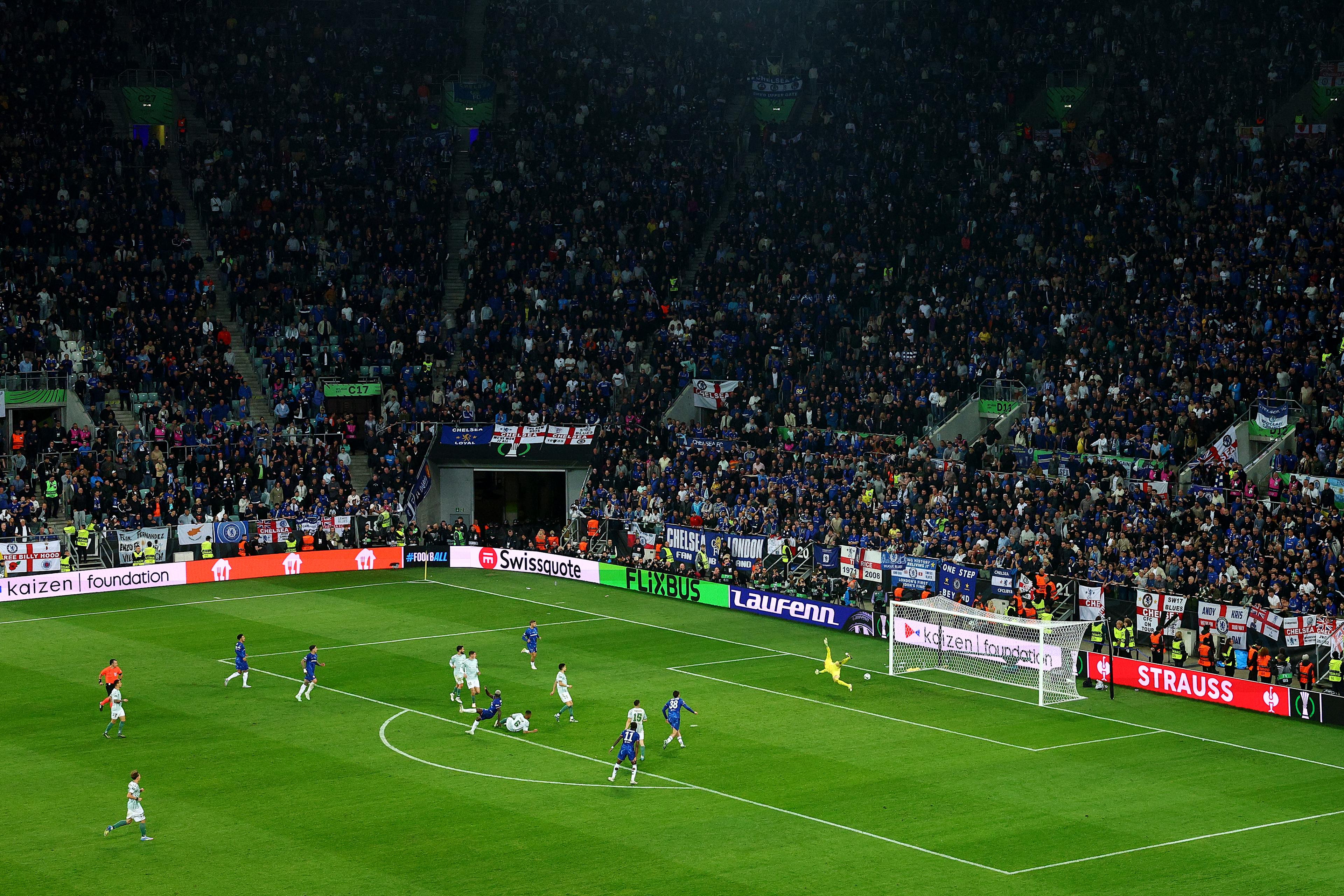 Moisés Caicedo celebrates scoring in Chelsea's Conference League final win over Real Betis