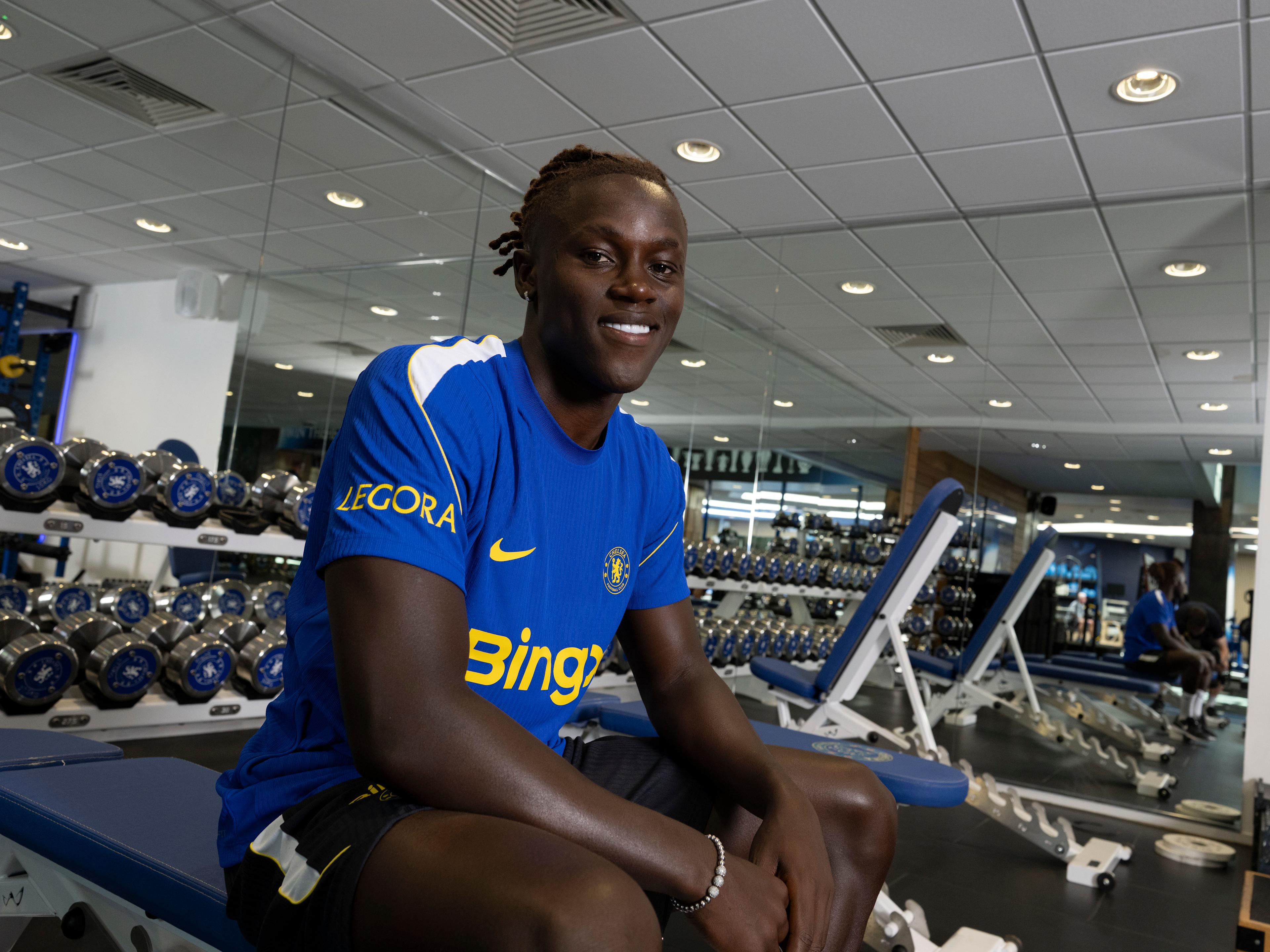Geovany Quenda sits in the Cobham gym during his first day at Chelsea