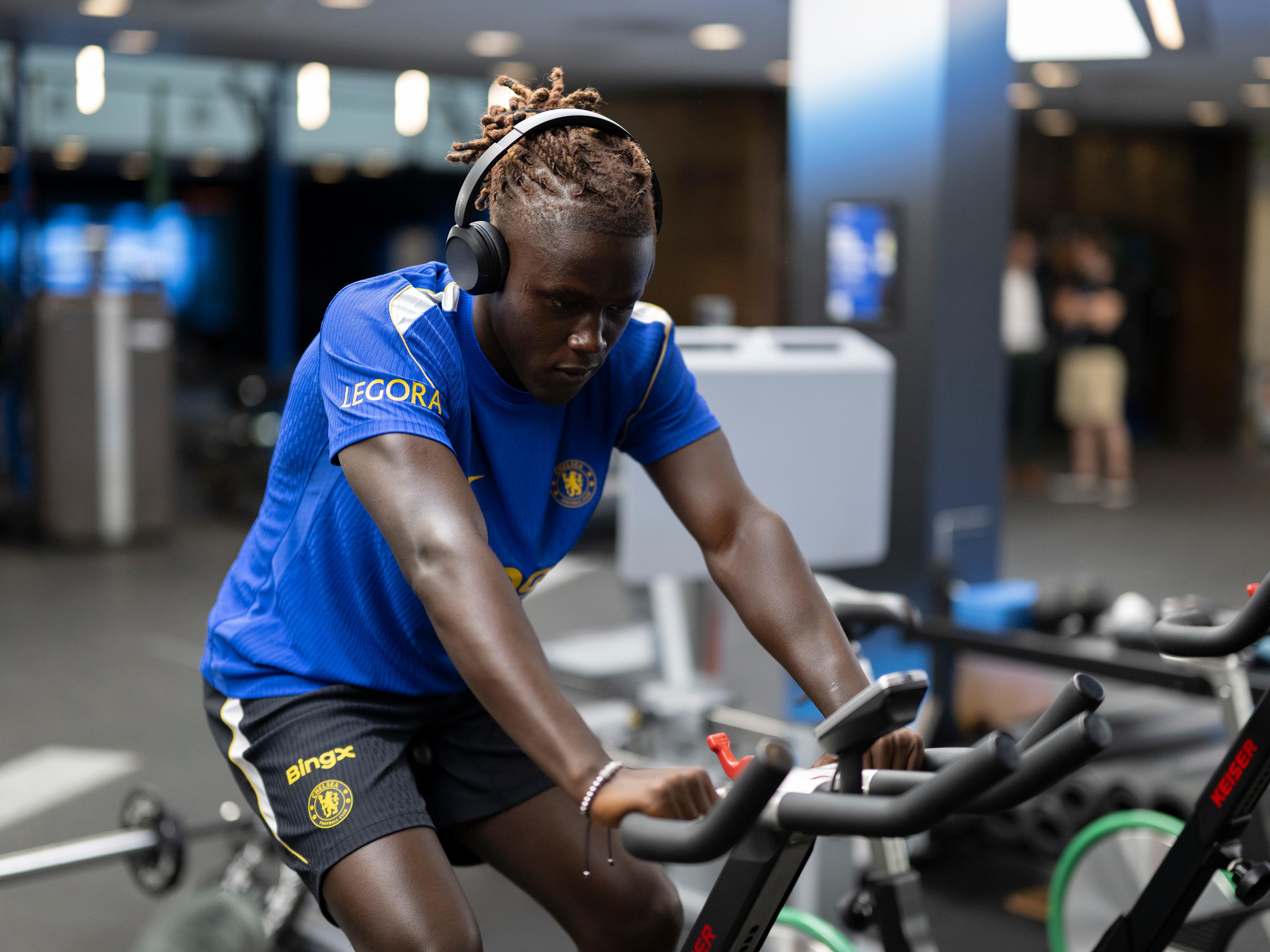 Geovany Quenda poses for a Chelsea signing-day portrait at Cobham