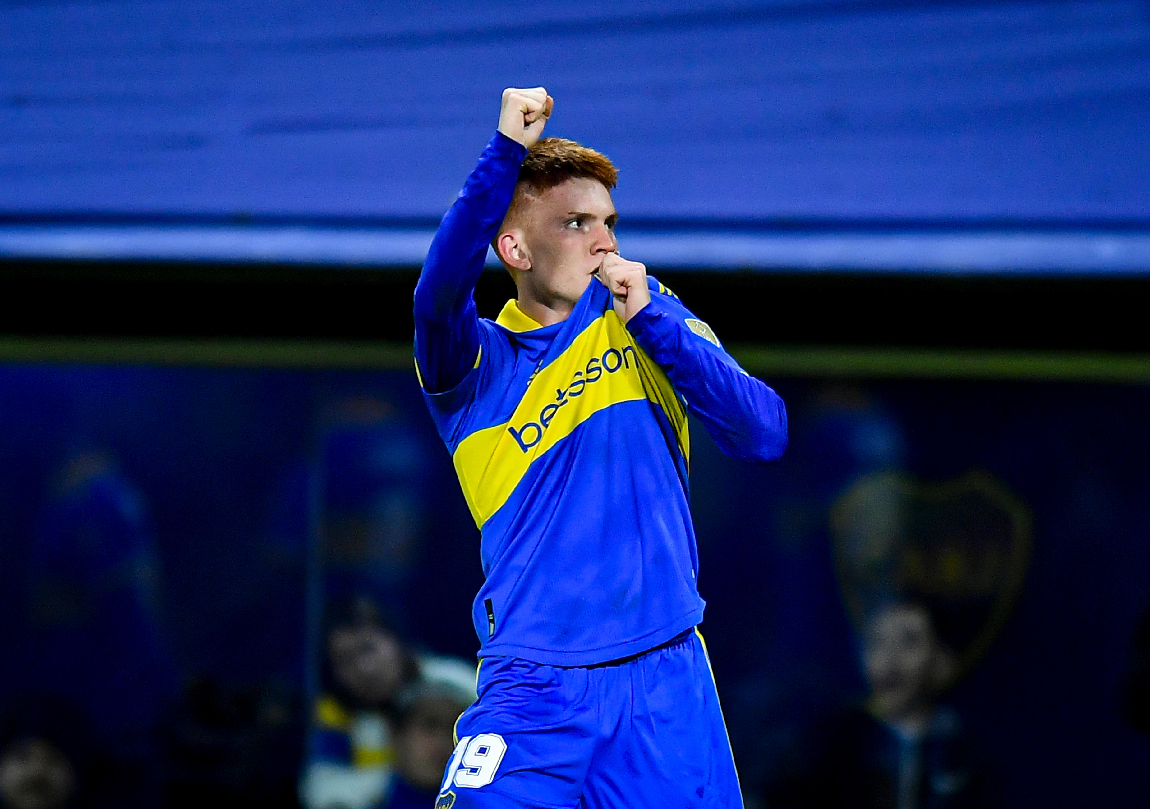 Valentin Barco scores his first senior goal for Boca Juniors against Monagas in June 2023