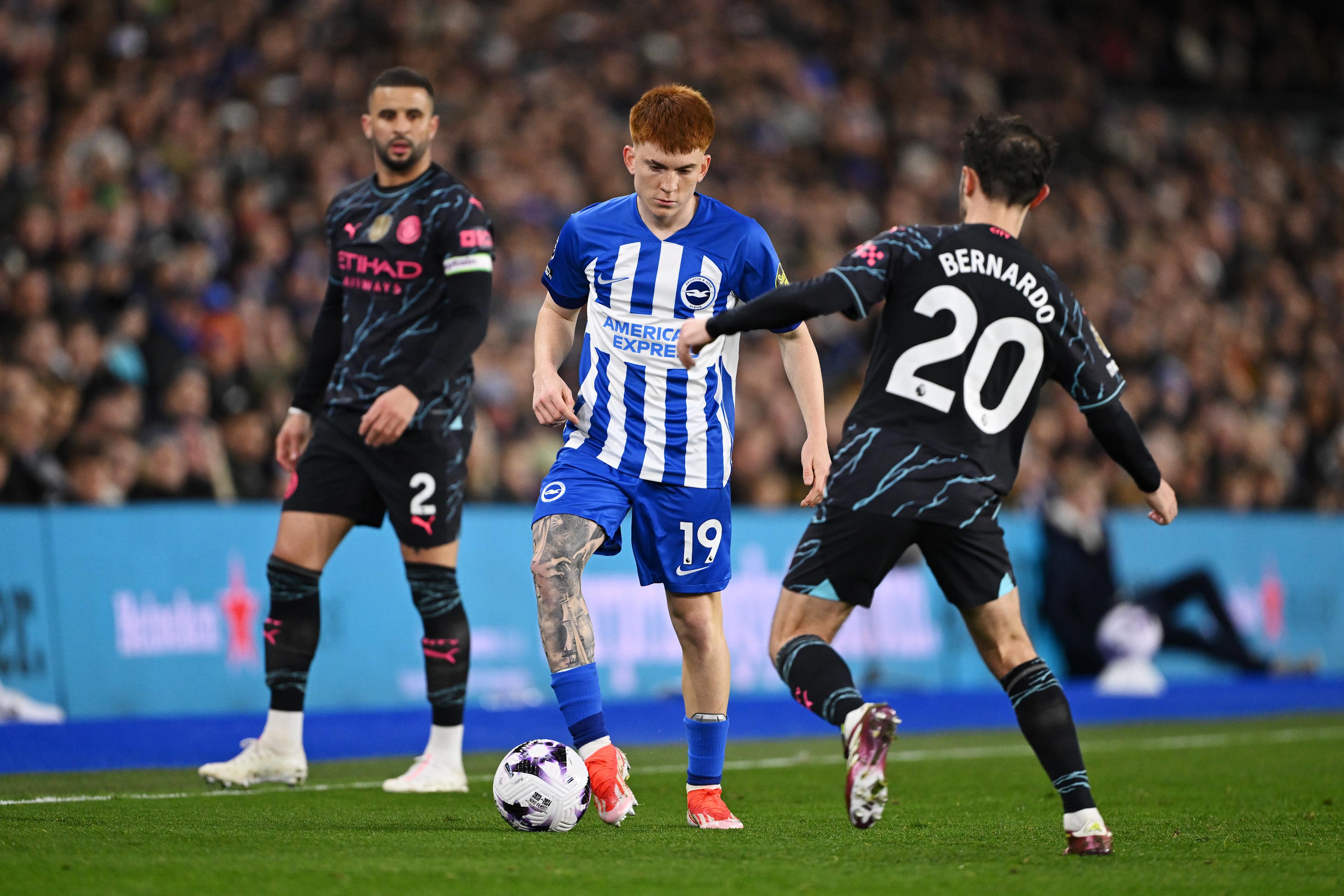 Valentin Barco carries the ball for Brighton during his 2024 spell in the Premier League