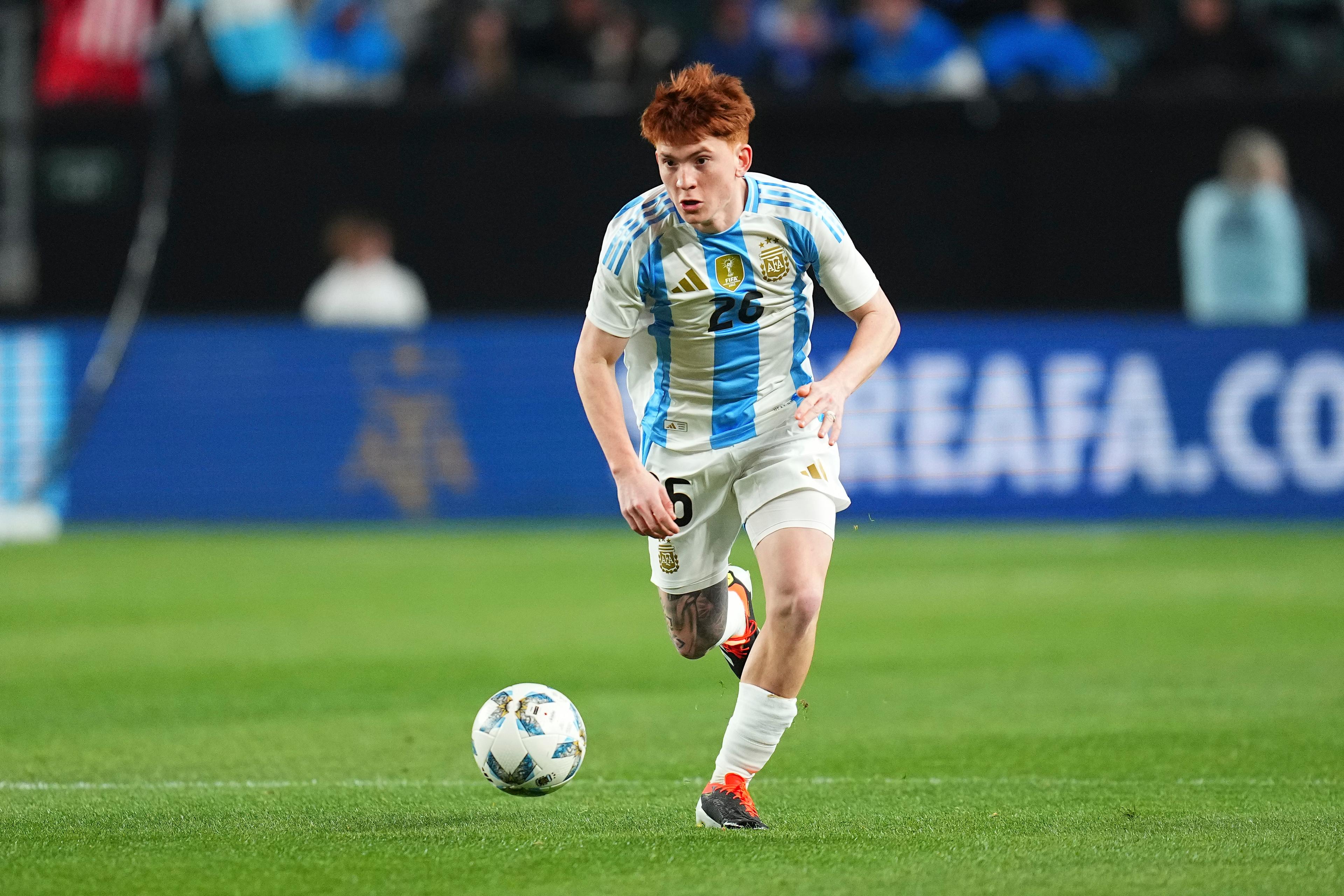 Valentin Barco plays for Argentina on his senior international debut against El Salvador in March 2024