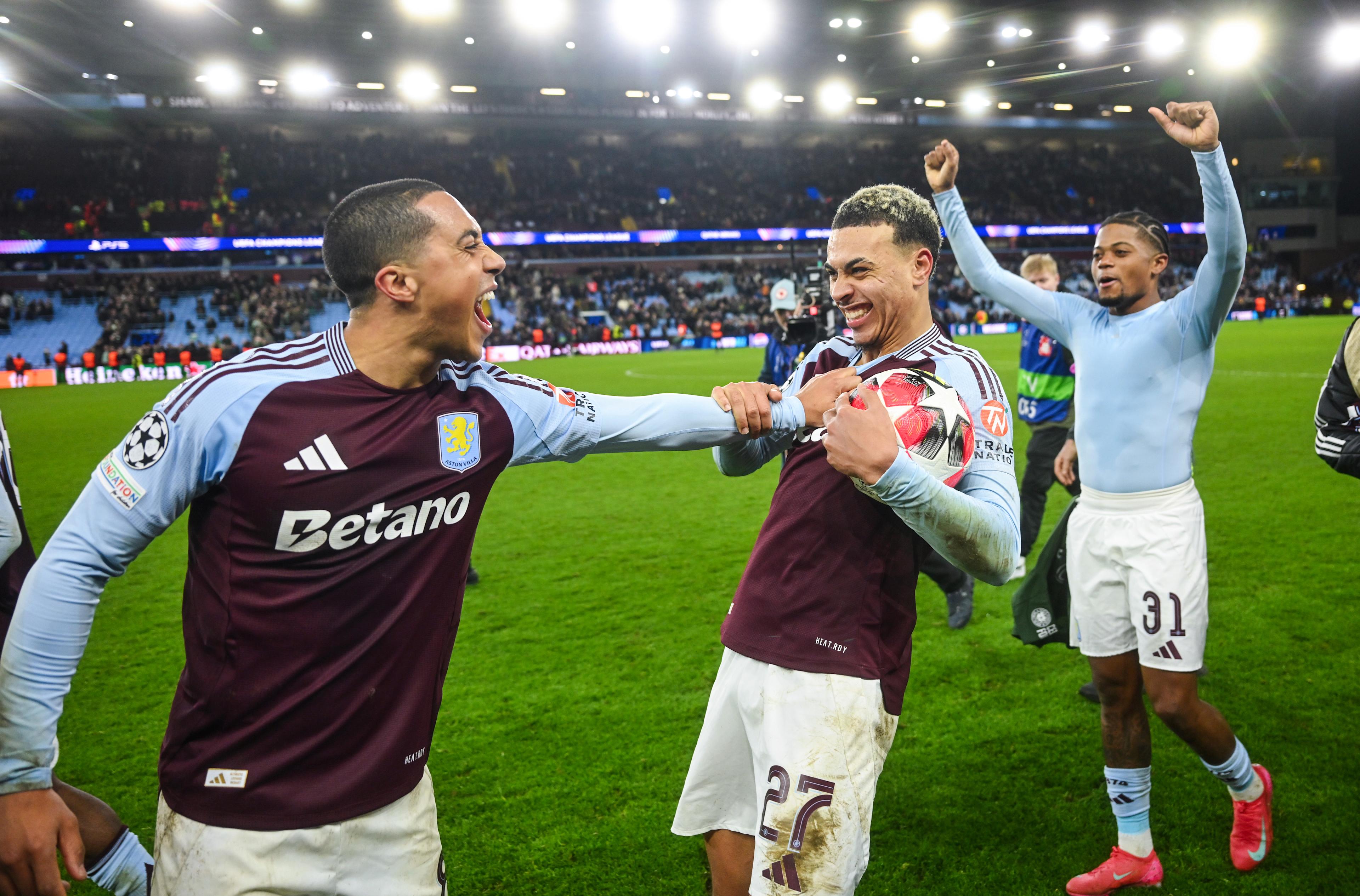 Morgan Rogers celebrates scoring a Champions League hat-trick for Aston Villa against Celtic