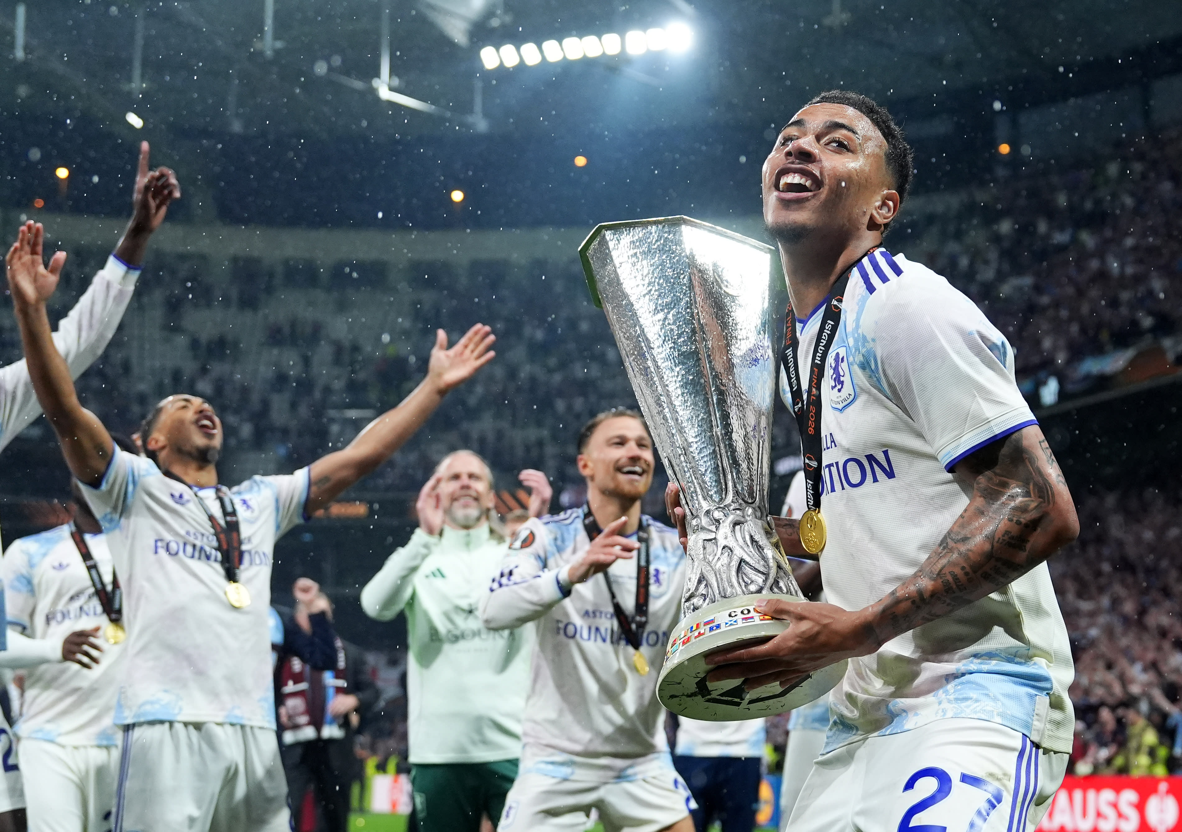 Morgan Rogers celebrates Aston Villa's 2026 Europa League trophy win