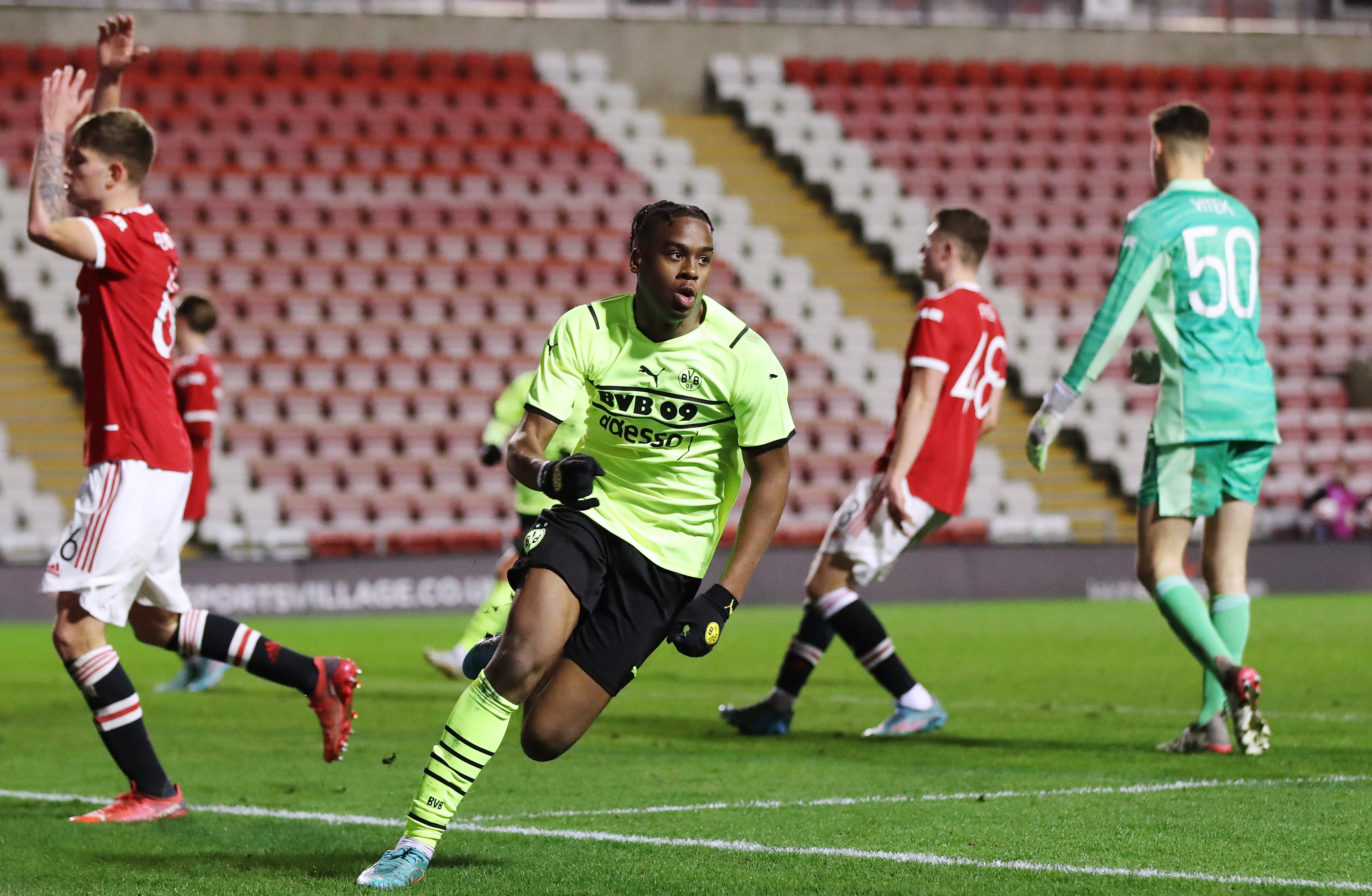 Jamie Gittens celebrates scoring for Borussia Dortmund against Manchester United in the UEFA Youth League