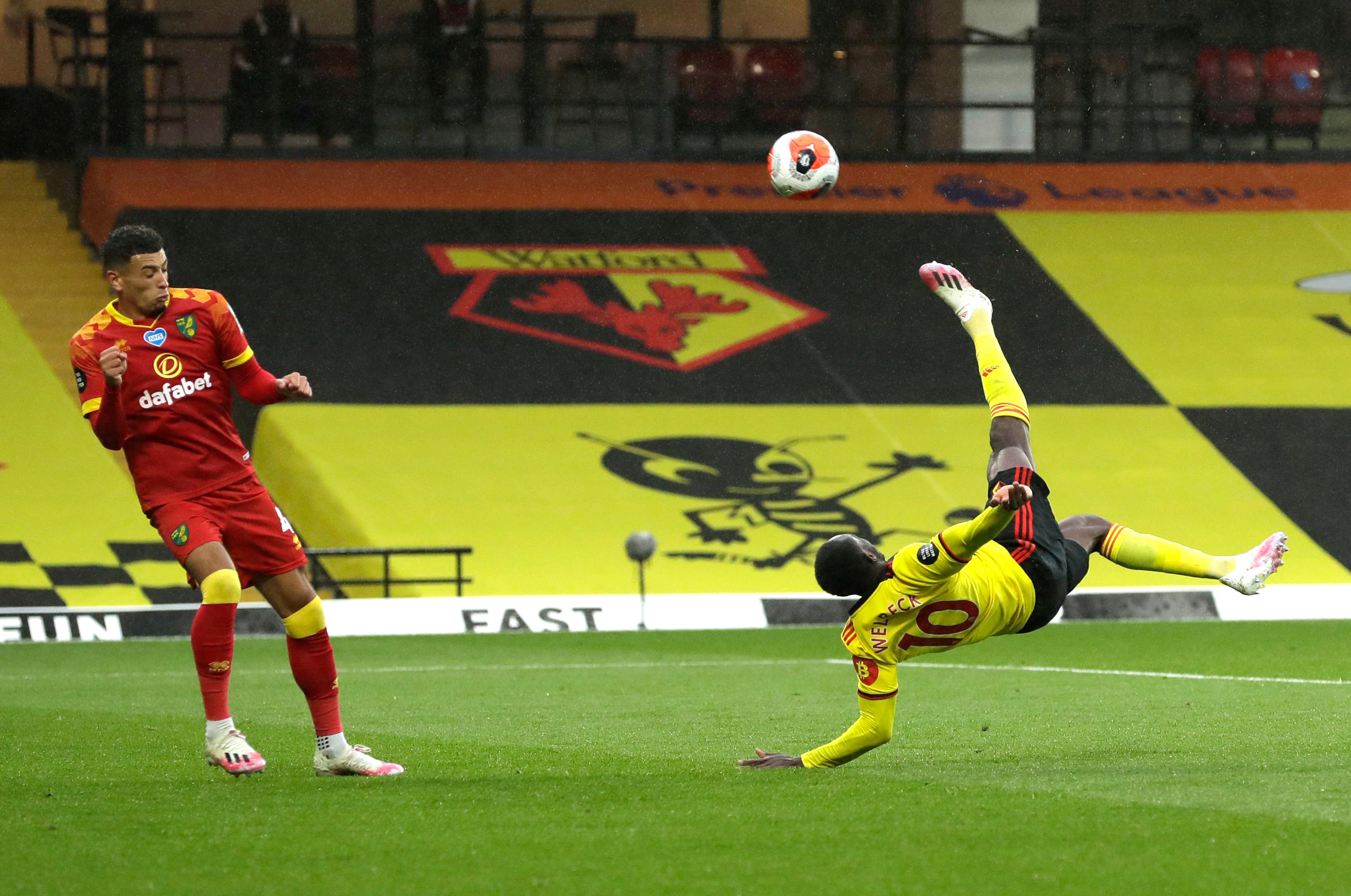 Danny Welbeck attempts an overhead kick for Watford against Norwich City