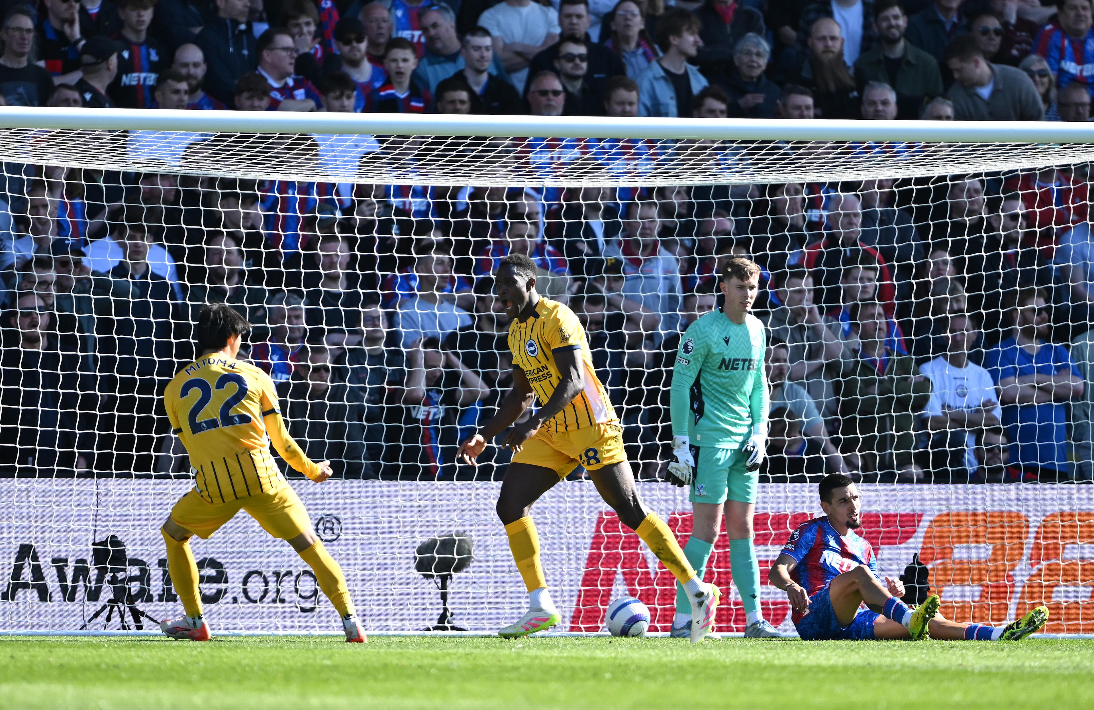 Danny Welbeck celebrates scoring for Brighton at Crystal Palace in April 2025