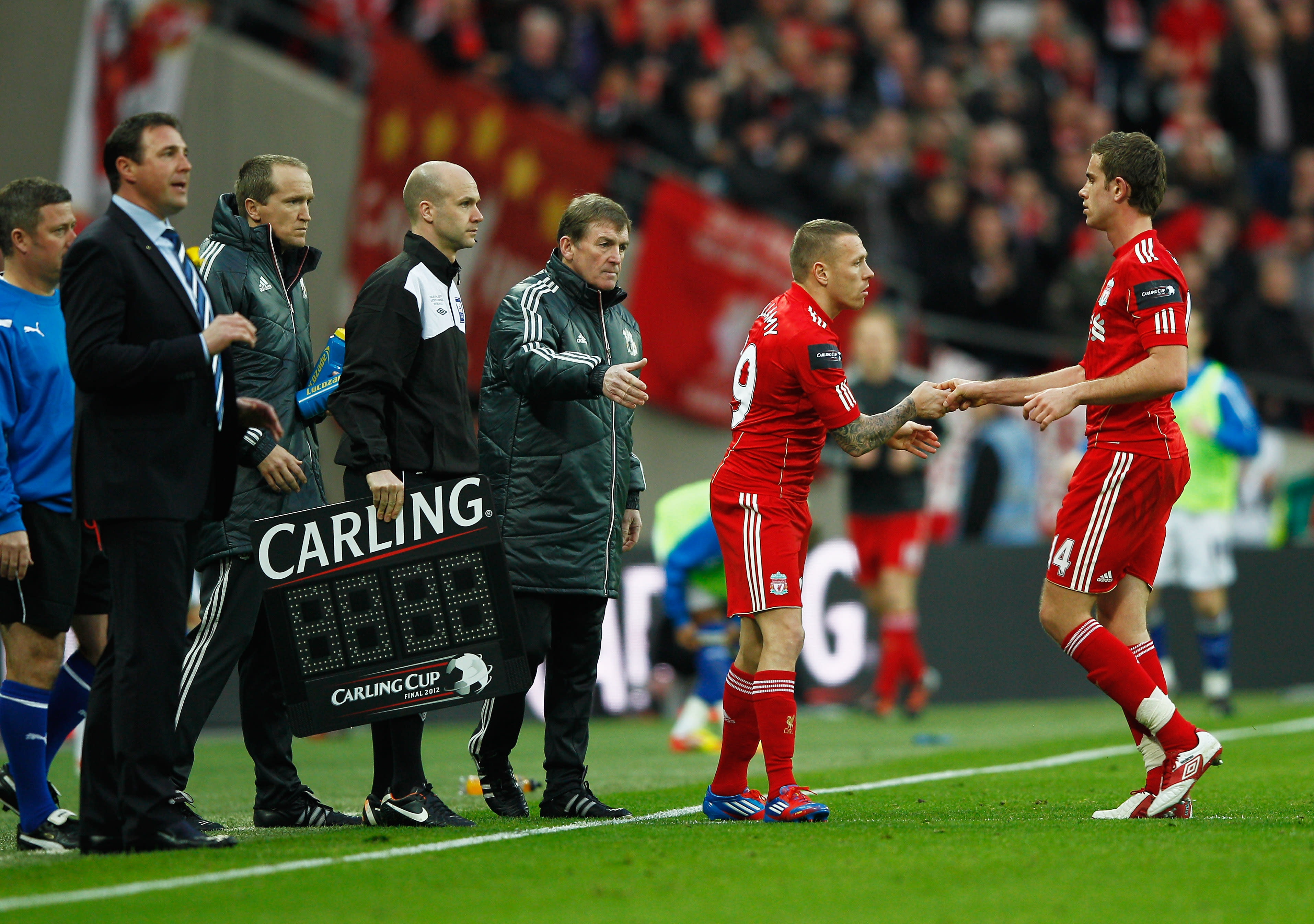 Jordan Henderson plays for Liverpool in the 2012 League Cup final against Cardiff City