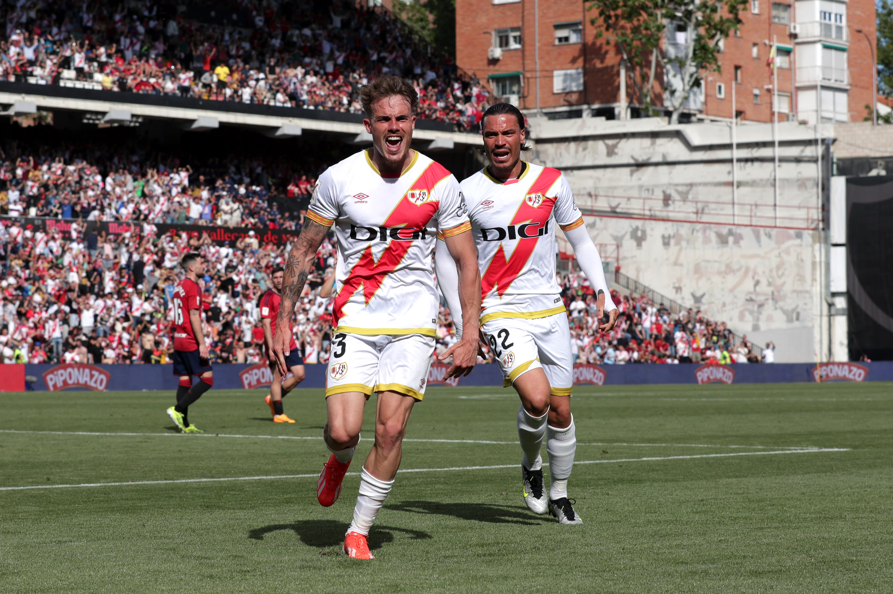 Pep Chavarría celebrates scoring for Rayo Vallecano against Osasuna in April 2024