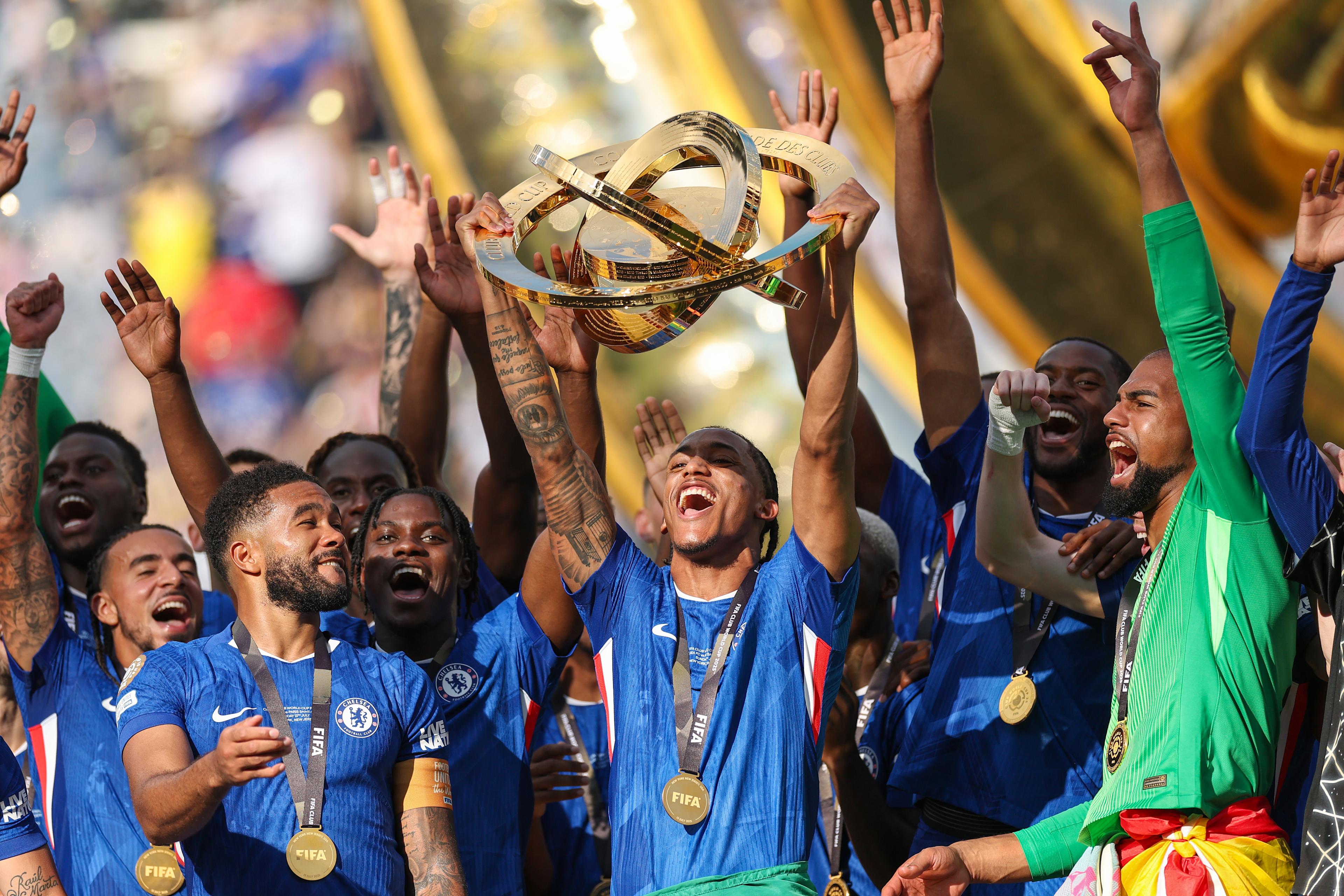 Joao Pedro lifts the Club World Cup trophy with Chelsea in July 2025