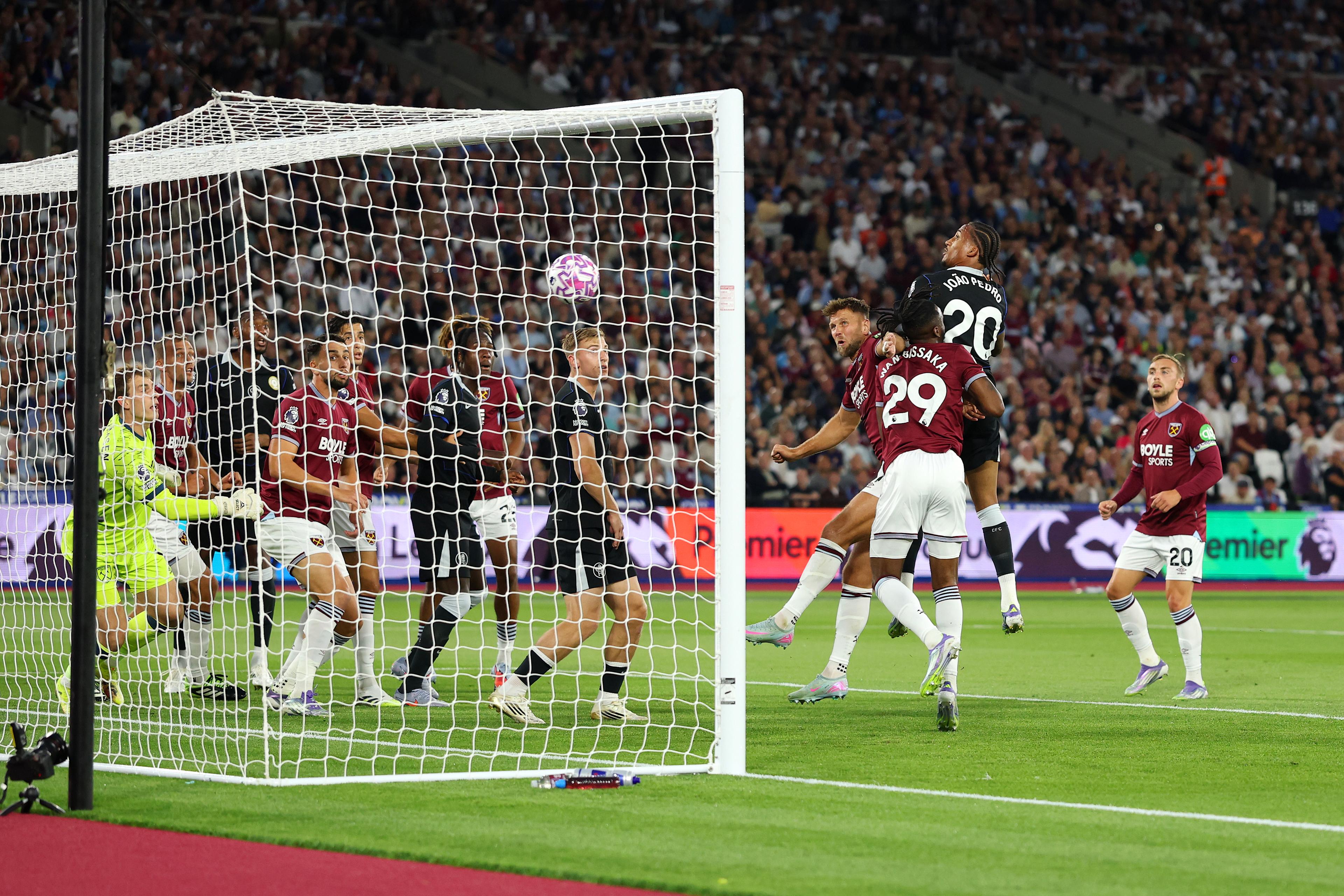 Joao Pedro heads in his first Premier League goal for Chelsea at West Ham