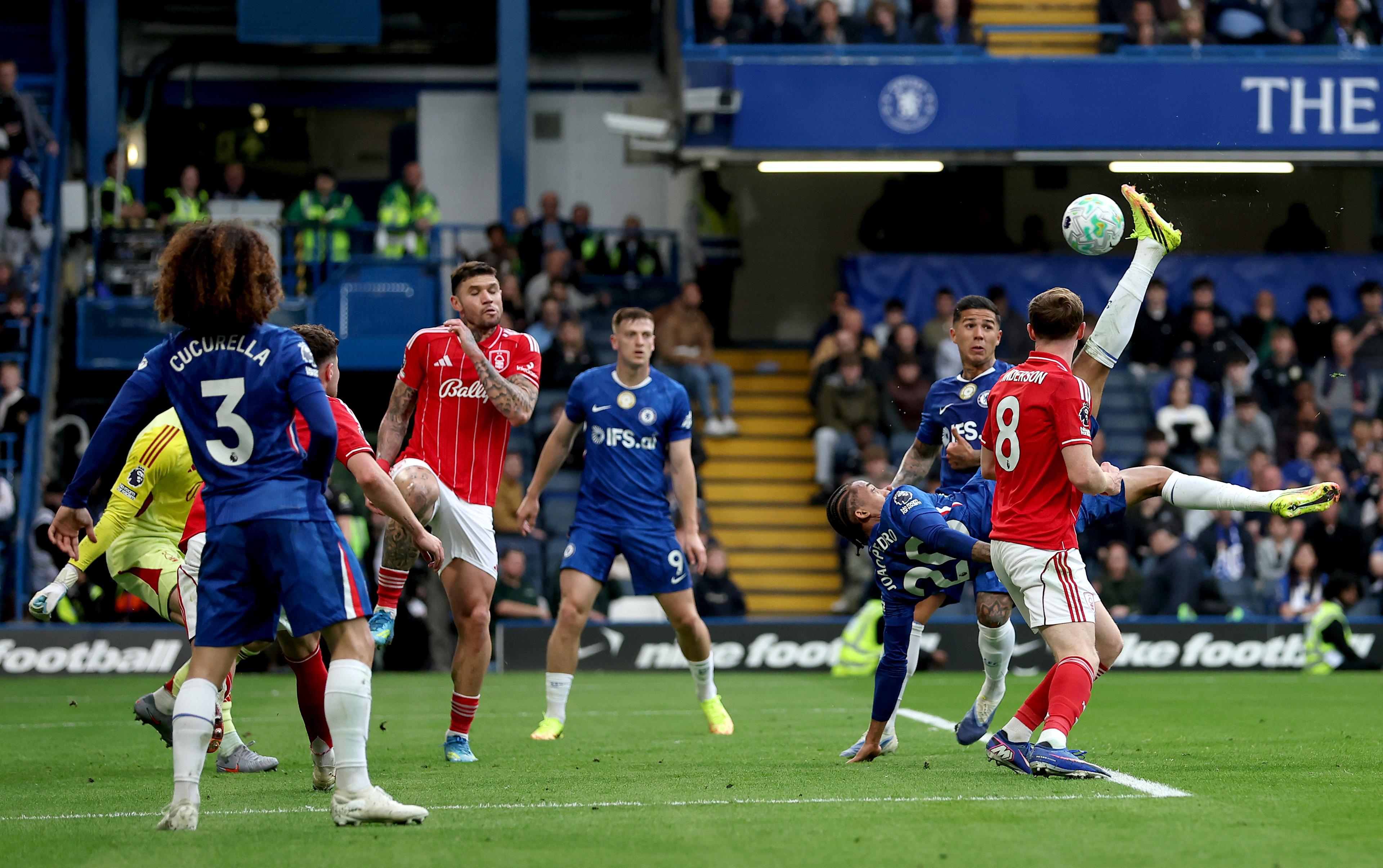 Joao Pedro scores an overhead kick against Nottingham Forest at Stamford Bridge