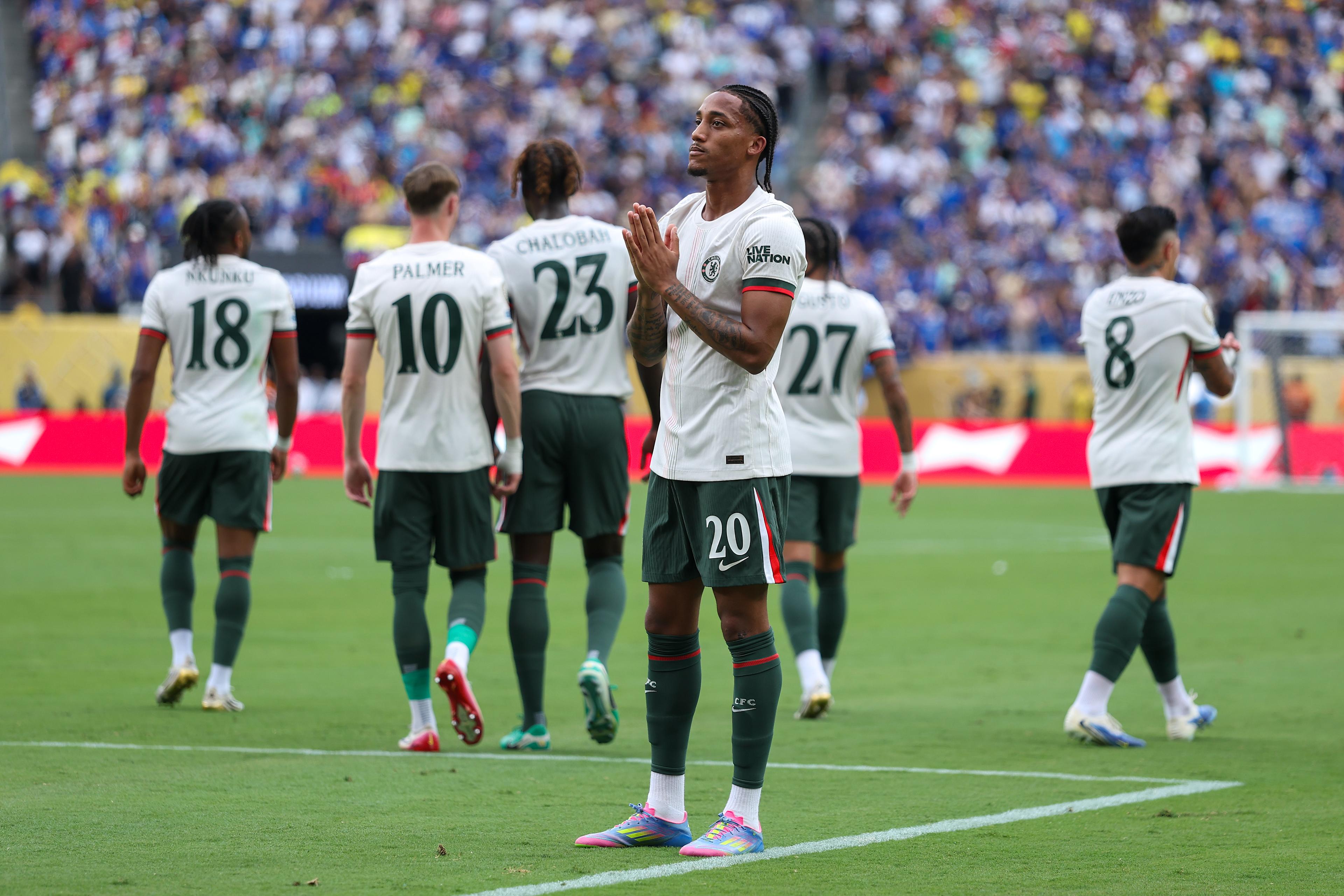 Joao Pedro celebrates scoring his first Chelsea goals against Fluminense at the 2025 Club World Cup