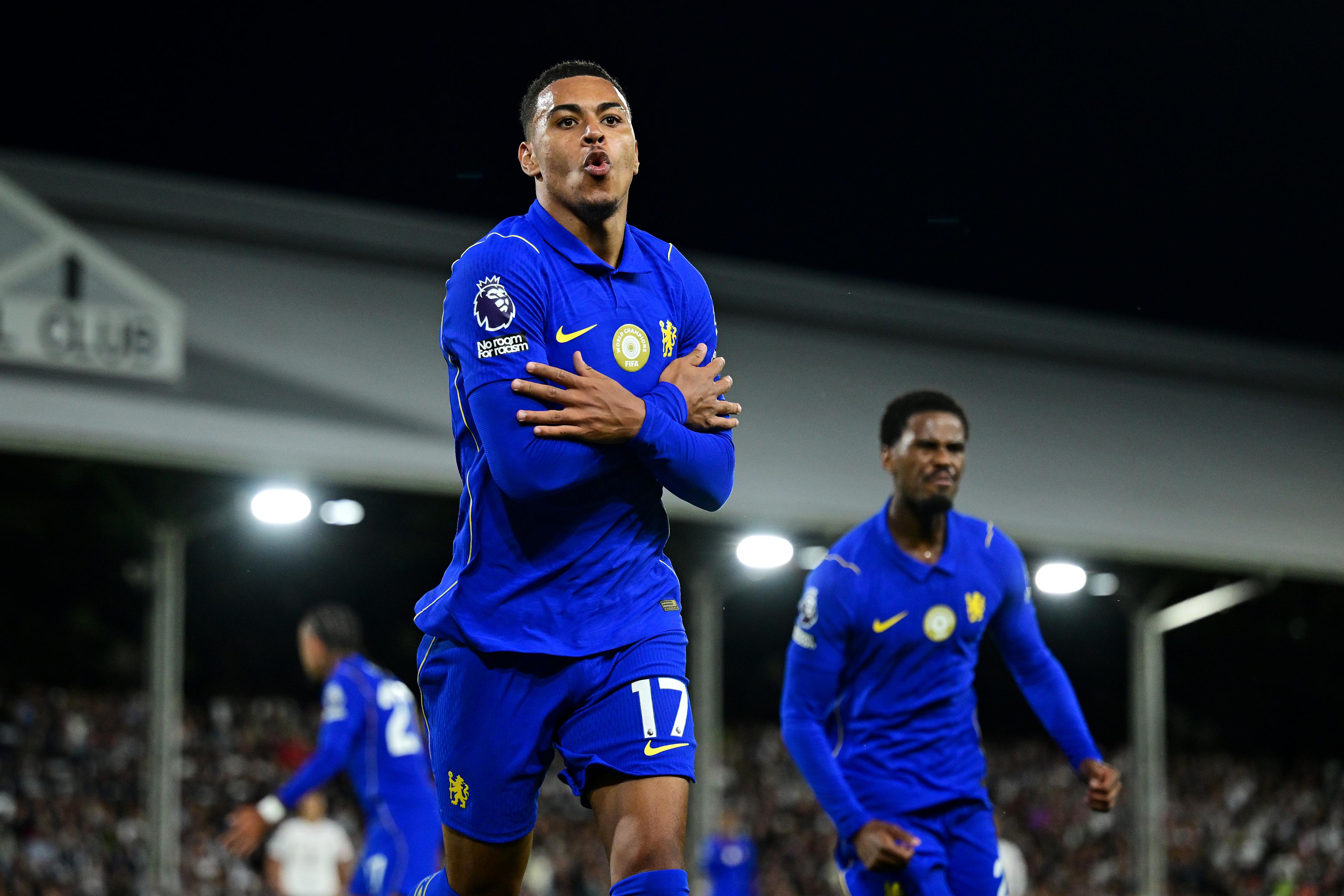 Morgan Rogers celebrates his Chelsea debut goal against Fulham in August 2026