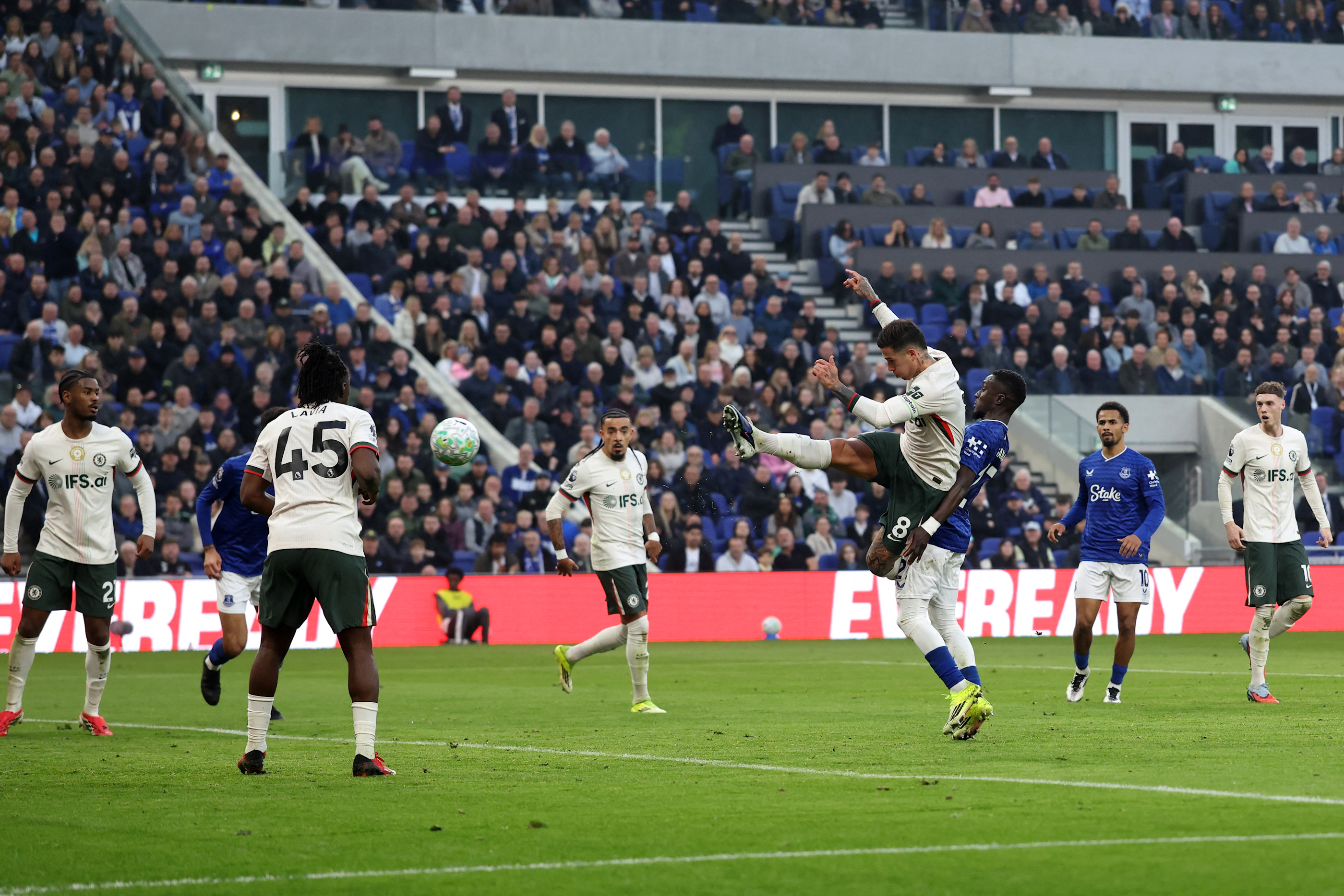 An acrobatic Enzo Fernandez attempt was denied by an excellent save by Jordan Pickford