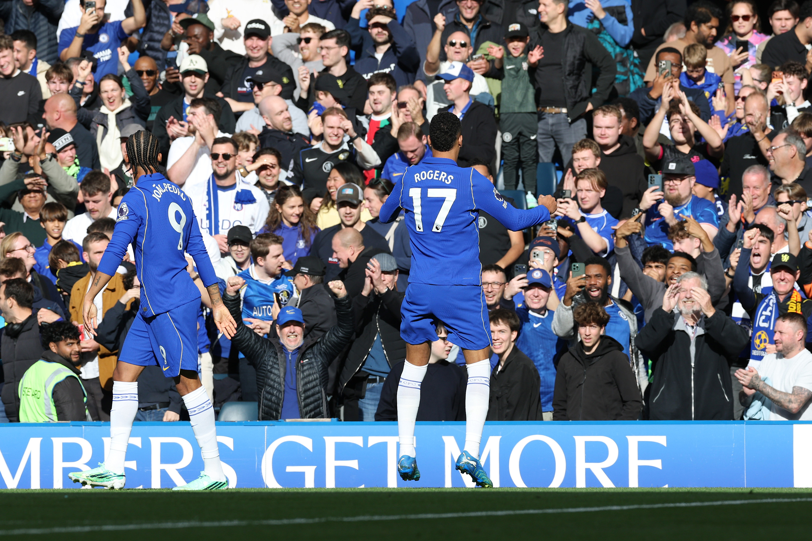 Morgan Rogers celebrates after scoring once more at Stamford Bridge 