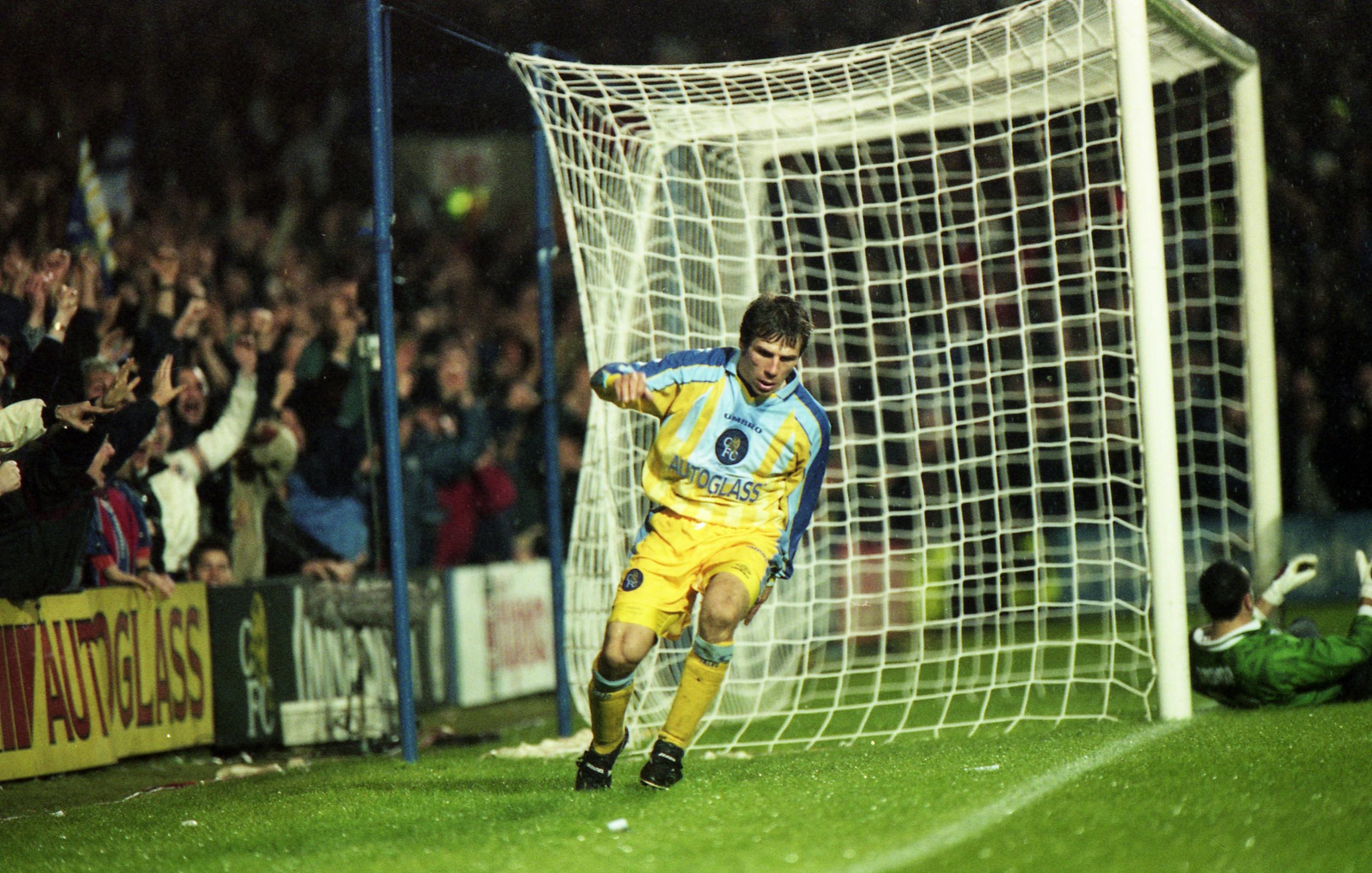 Gianfranco Zola wheels away after scoring one of the great headed Chelsea goals