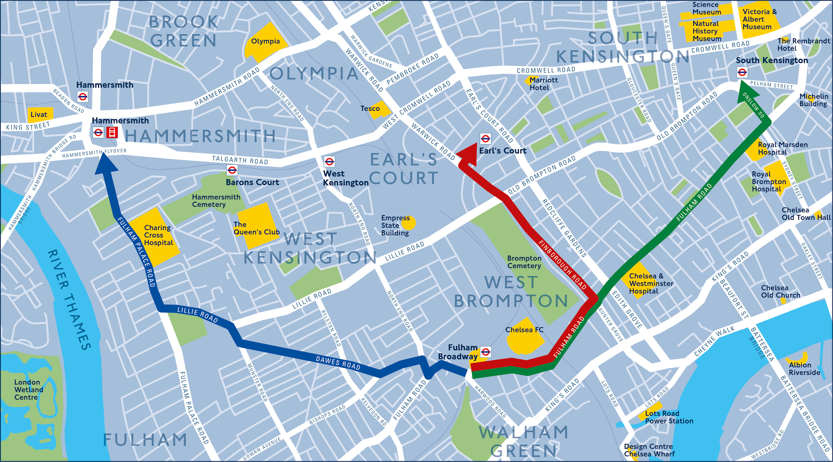 walking route Chelsea to Hammersmith South ken and Earls Court map