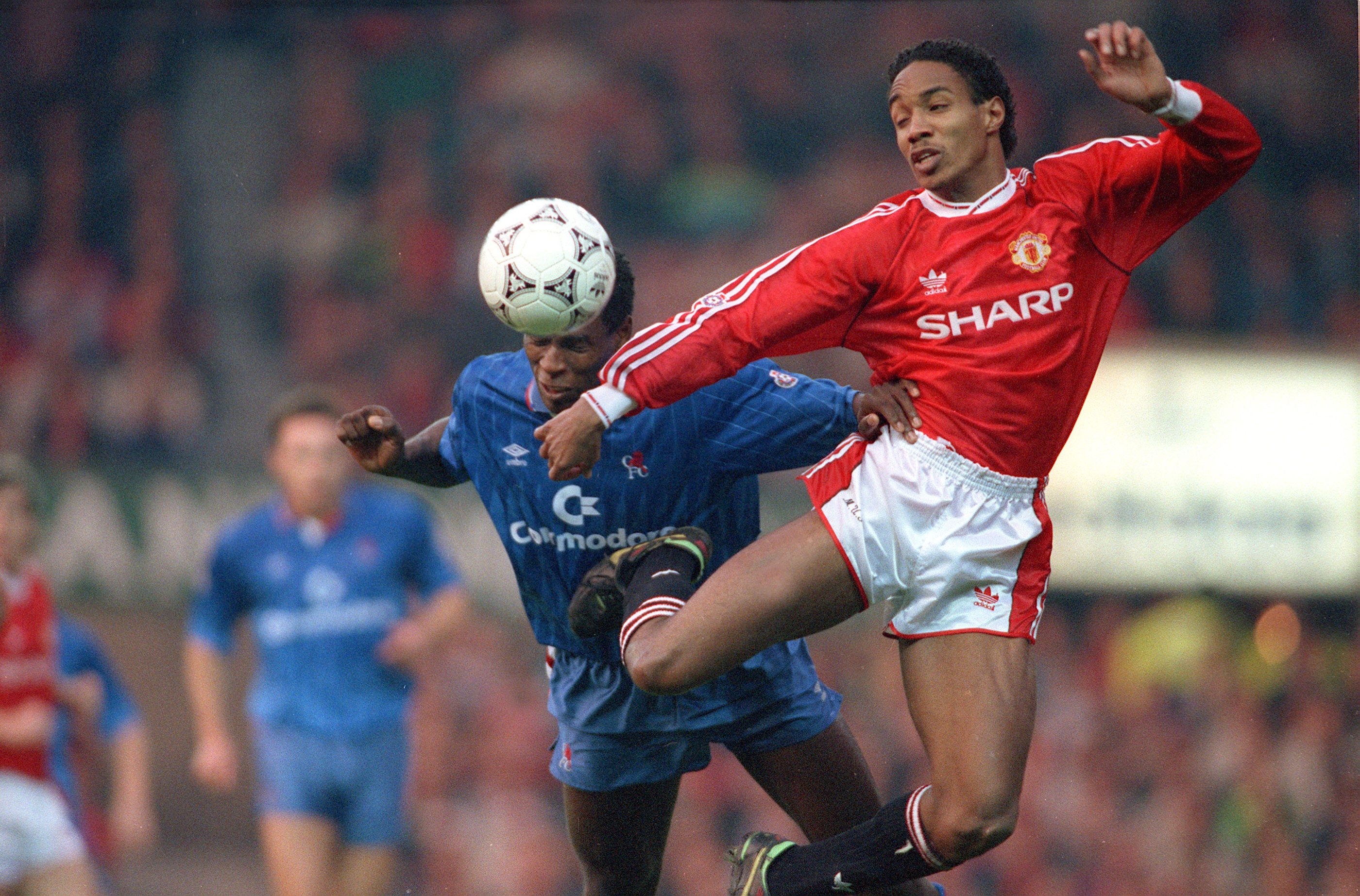Ken Monkou, pictured here against Manchester United in 1990, was the first 'official' Dutch footballer to play for Chelsea