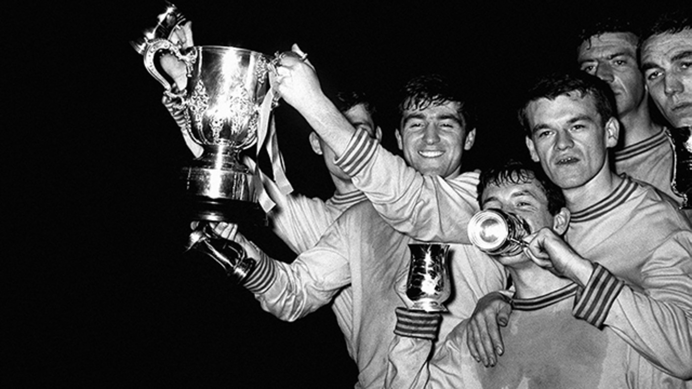 Chelsea celebrate winning the League Cup for the first time in the club's history in 1965