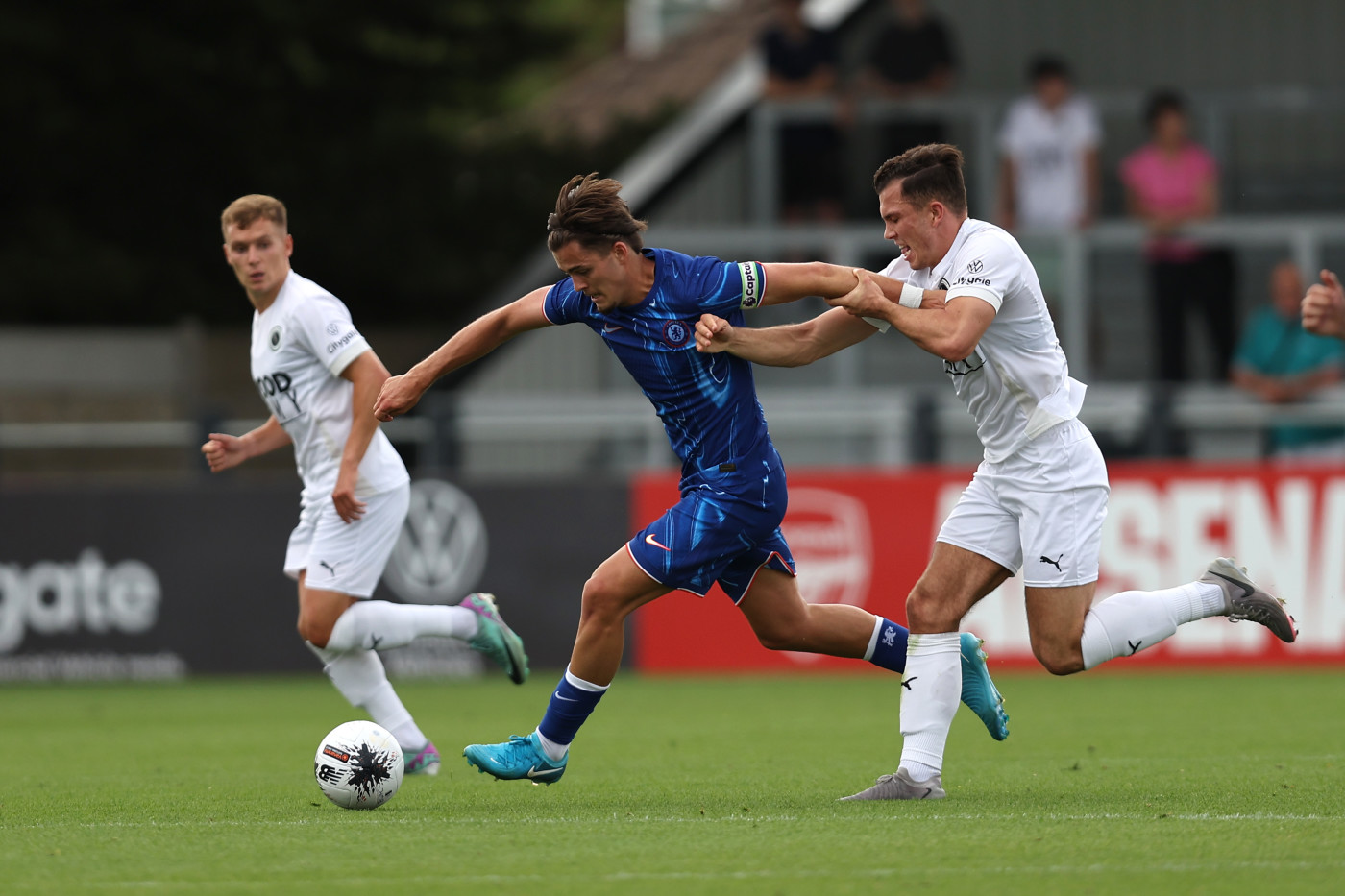 Leo Castledine battling during our Under-21s' pre-season fixture against Boreham Wood