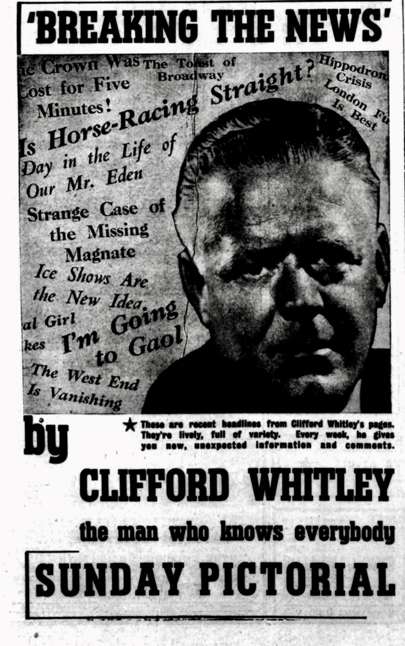 Promotion for Clifford Whitley's newspaper column