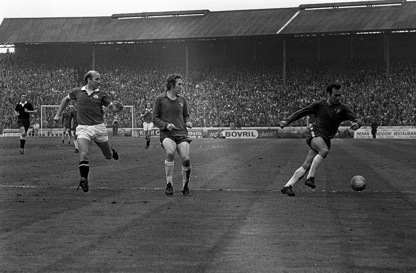 Teaming up in defence with Ron Harris (on the ball) against Bobby Charlton and Man United in 1973