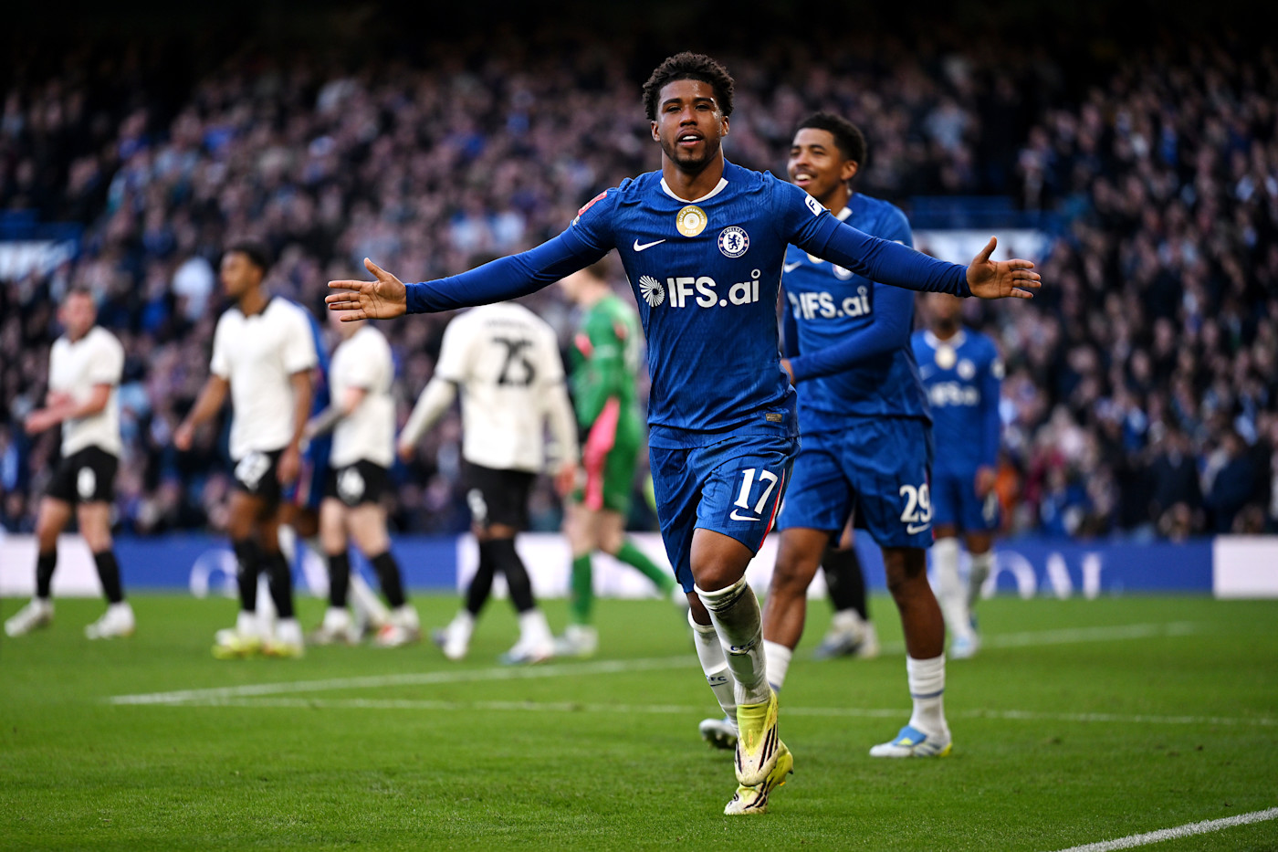 Andrey Santos celebrates scoring Chelsea's fifth goal against Port Vale