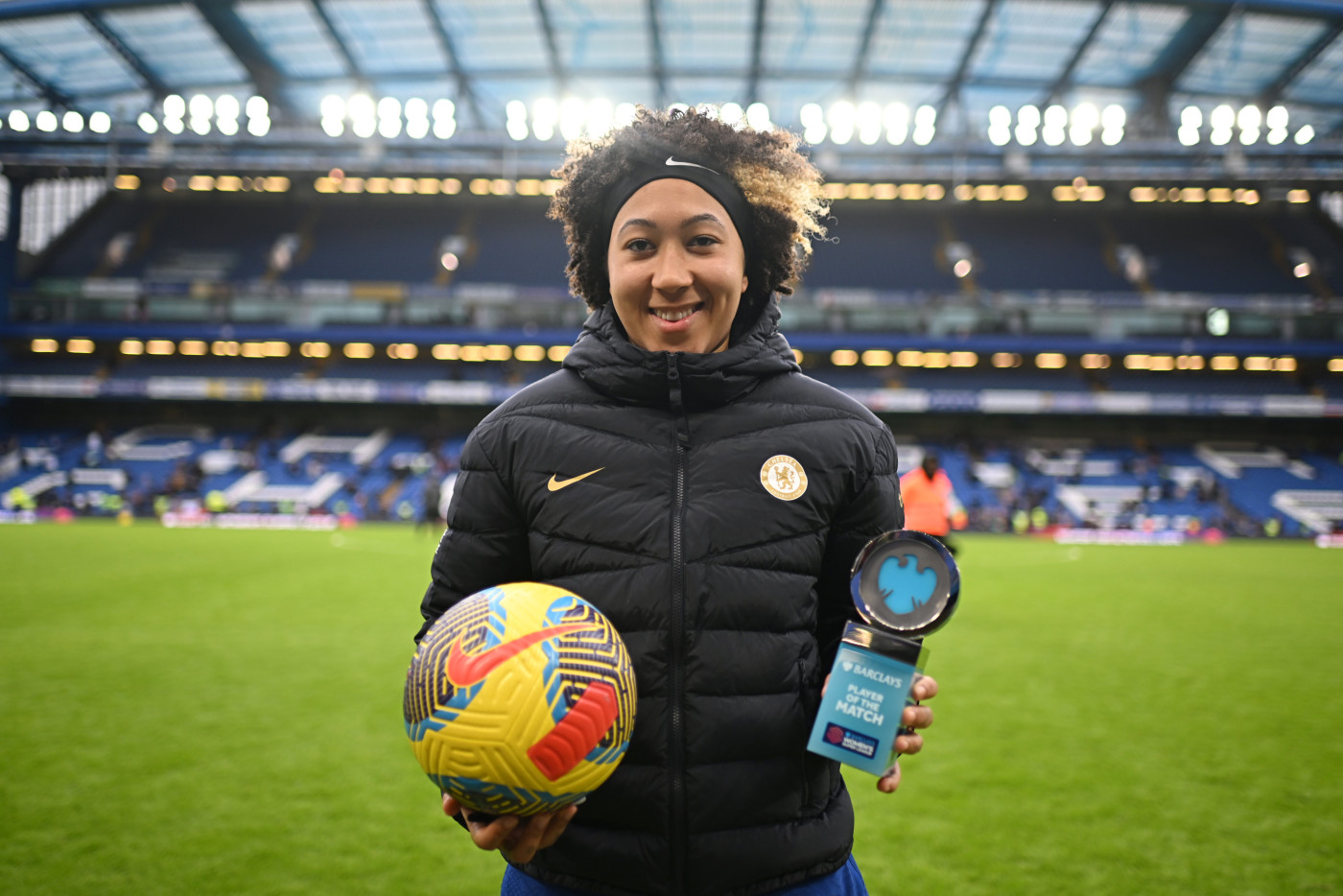 Lauren James with the match ball and Player of the Match award after our last league match against Manchester United