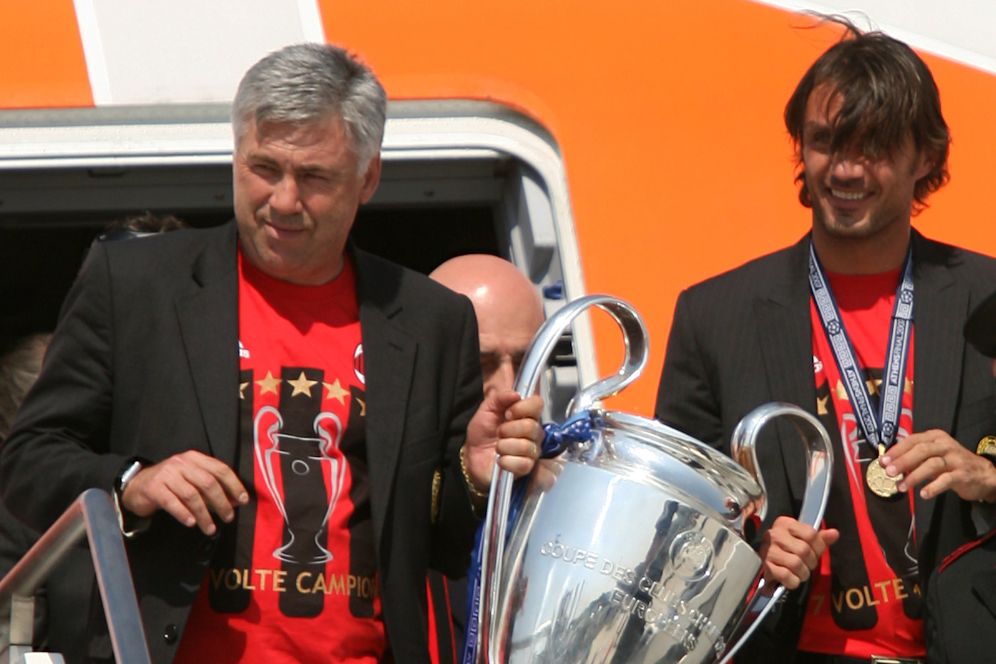 Ancelotti and Paolo Maldini with the Champions League in 2007, two years before they both left AC Milan