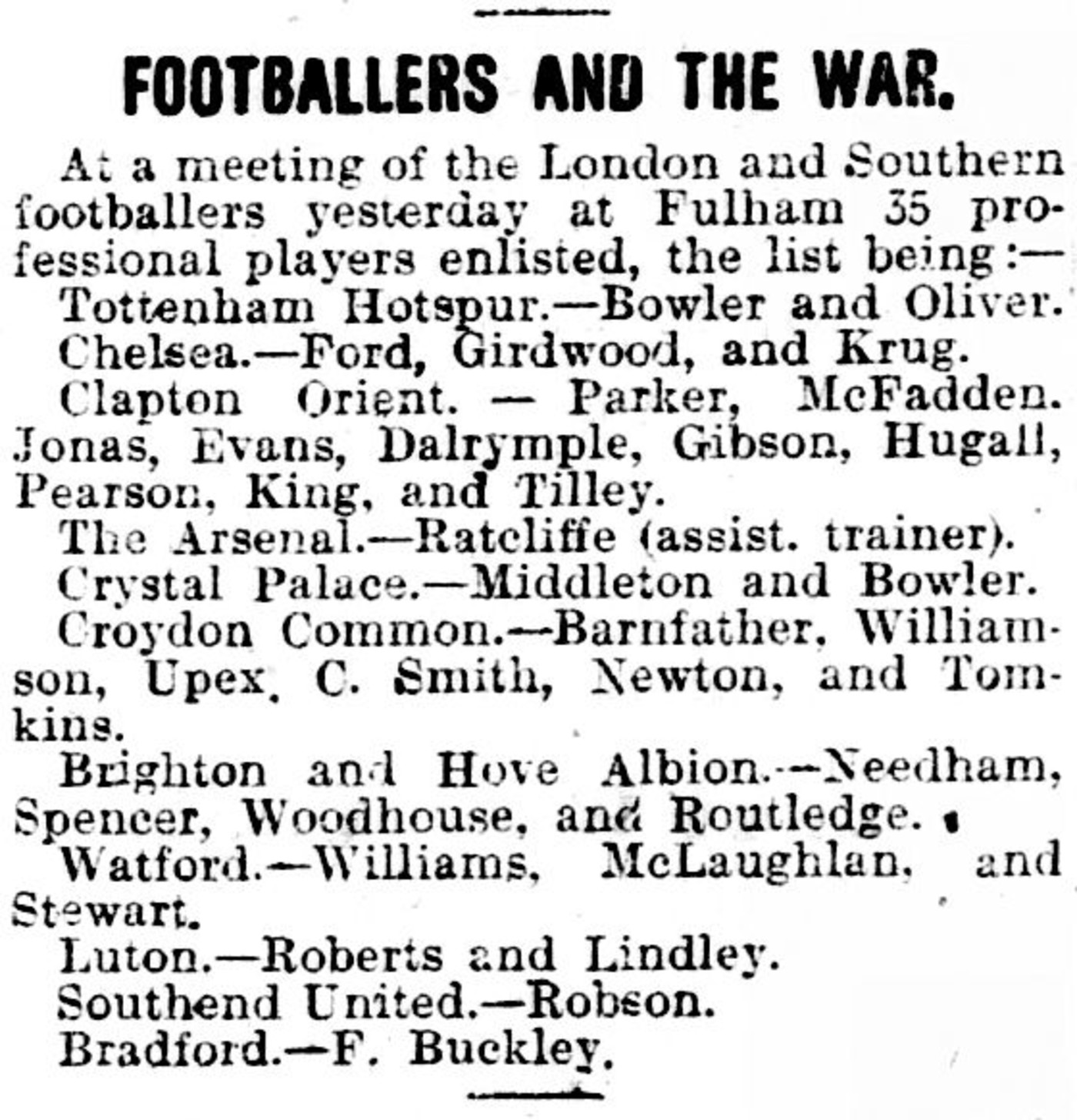 Chelsea trio Teddy Foord, Dave Girdwood and Billy Krug all enlisted 