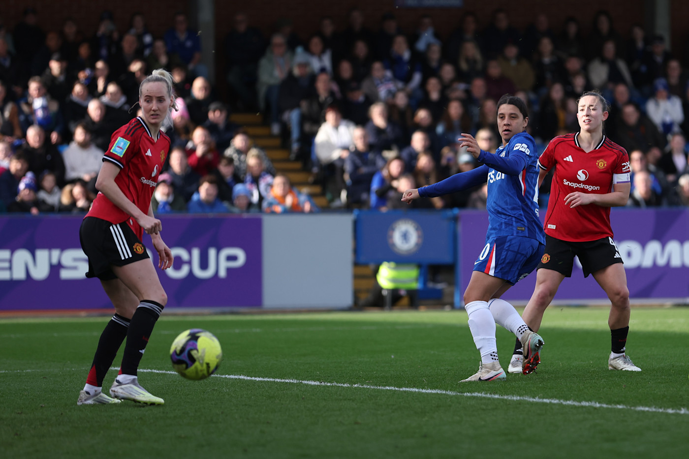 Sam Kerr nets during the win over Manchester United