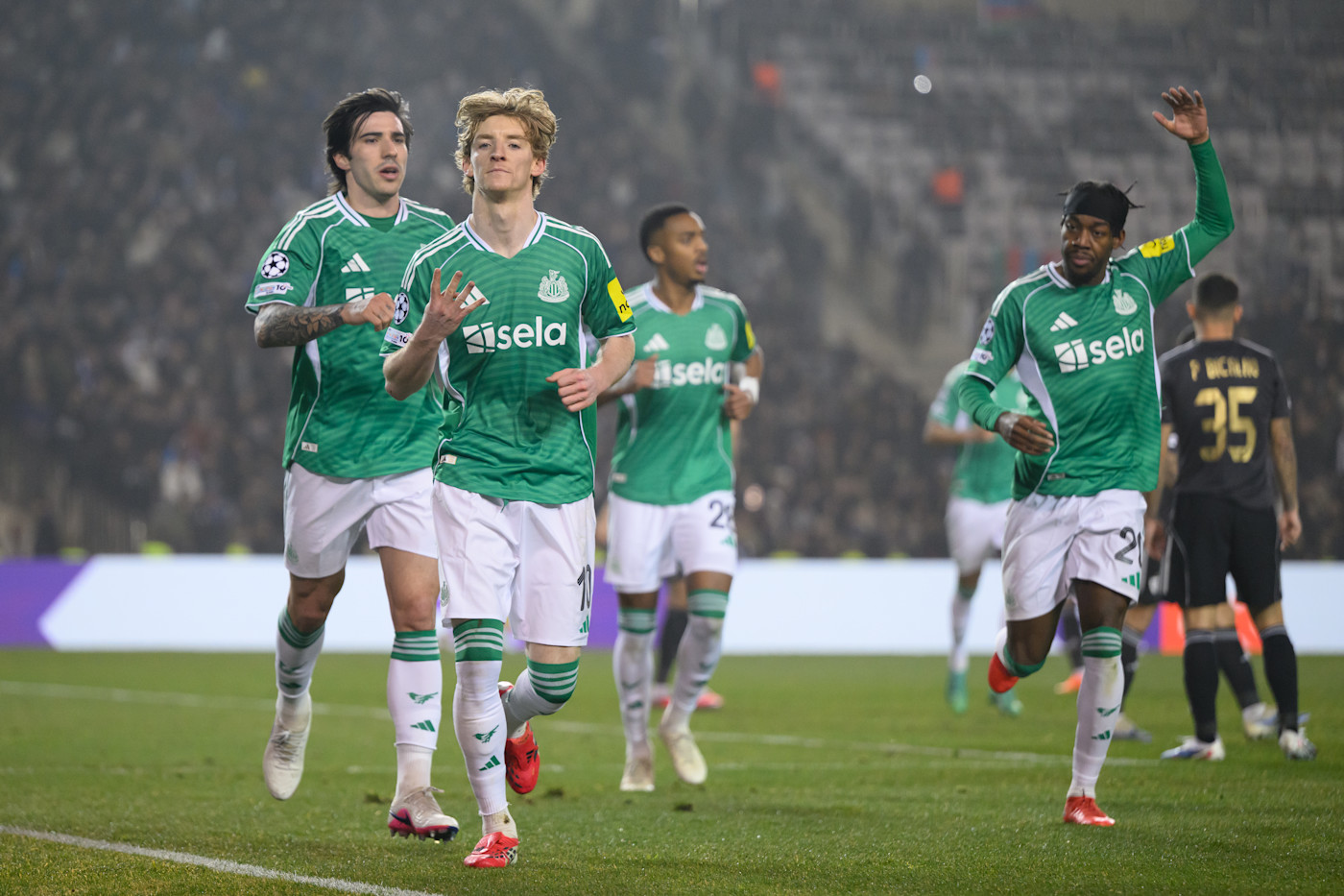 Anthony Gordon celebrating his fourth goal in Newcastle's 6-1 win against Qarabag